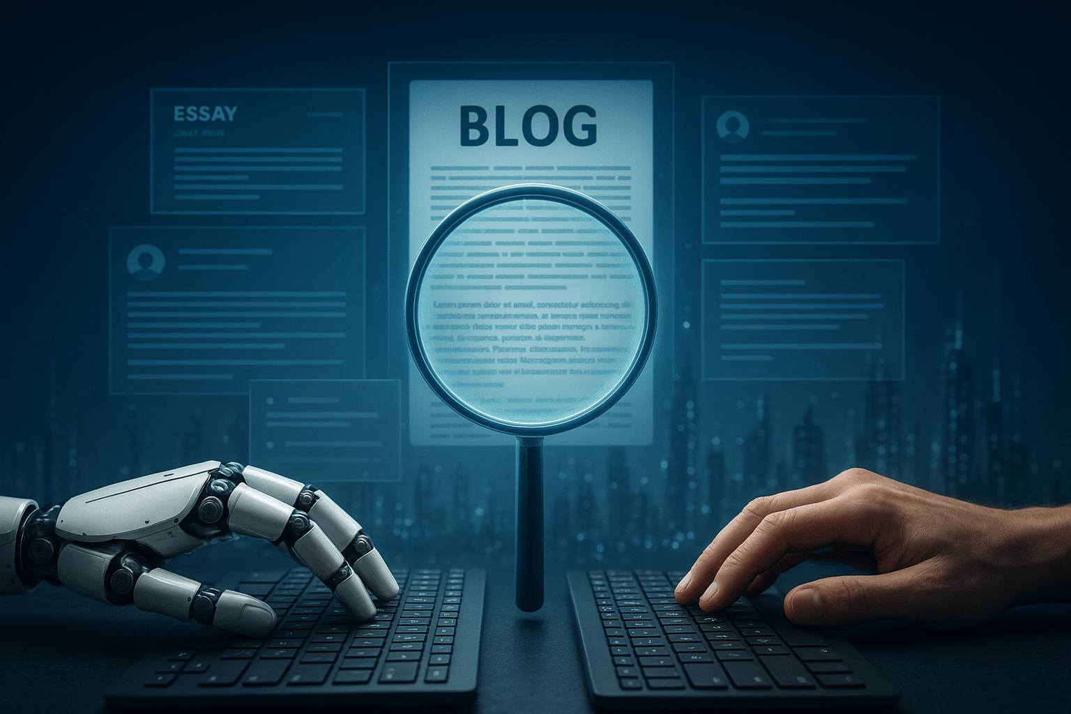 ChatGPT Image Aug 14, 2025, 06_15_29 PM ollage of online content — blog posts, essays, social media — with AI robot hands typing on one side and human hands on the other, a giant magnifying glass hovering over the text