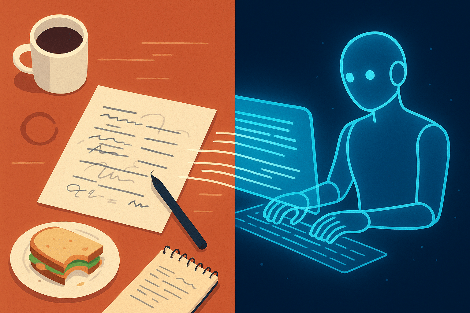 ChatGPT Image Aug 14, 2025, 08_15_44 PM A split-screen concept: one side shows a messy human desk with coffee stains, scribbled notes, and a half-eaten sandwich, the other side shows a sleek, glowing AI hologram typing flawless text on a floating screen. The text flows from the AI side into the human side, blending seamlessly, in a modern editorial illustration style.