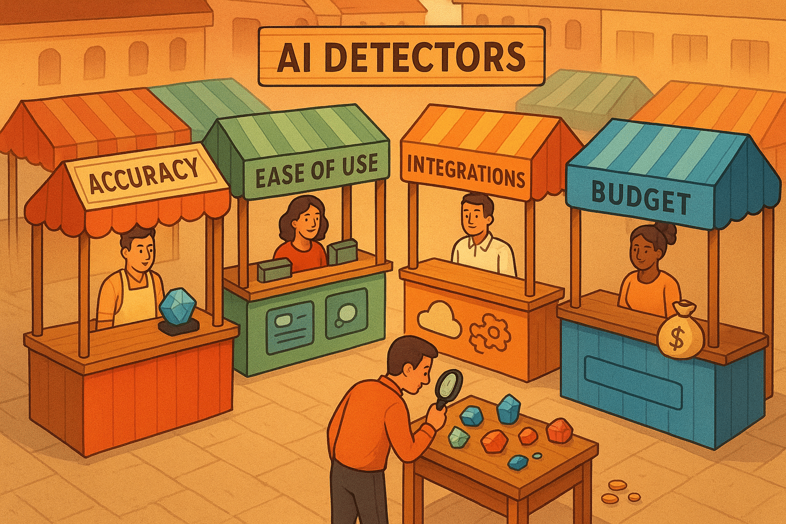 ChatGPT Image Aug 14, 2025, 08_21_04 PM A marketplace scene with different AI detectors as colorful stalls, each offering features like “Accuracy,” “Ease of Use,” “Integrations,” and “Budget.” A buyer examining tools like rare gems. Warm, detailed, isometric illustration