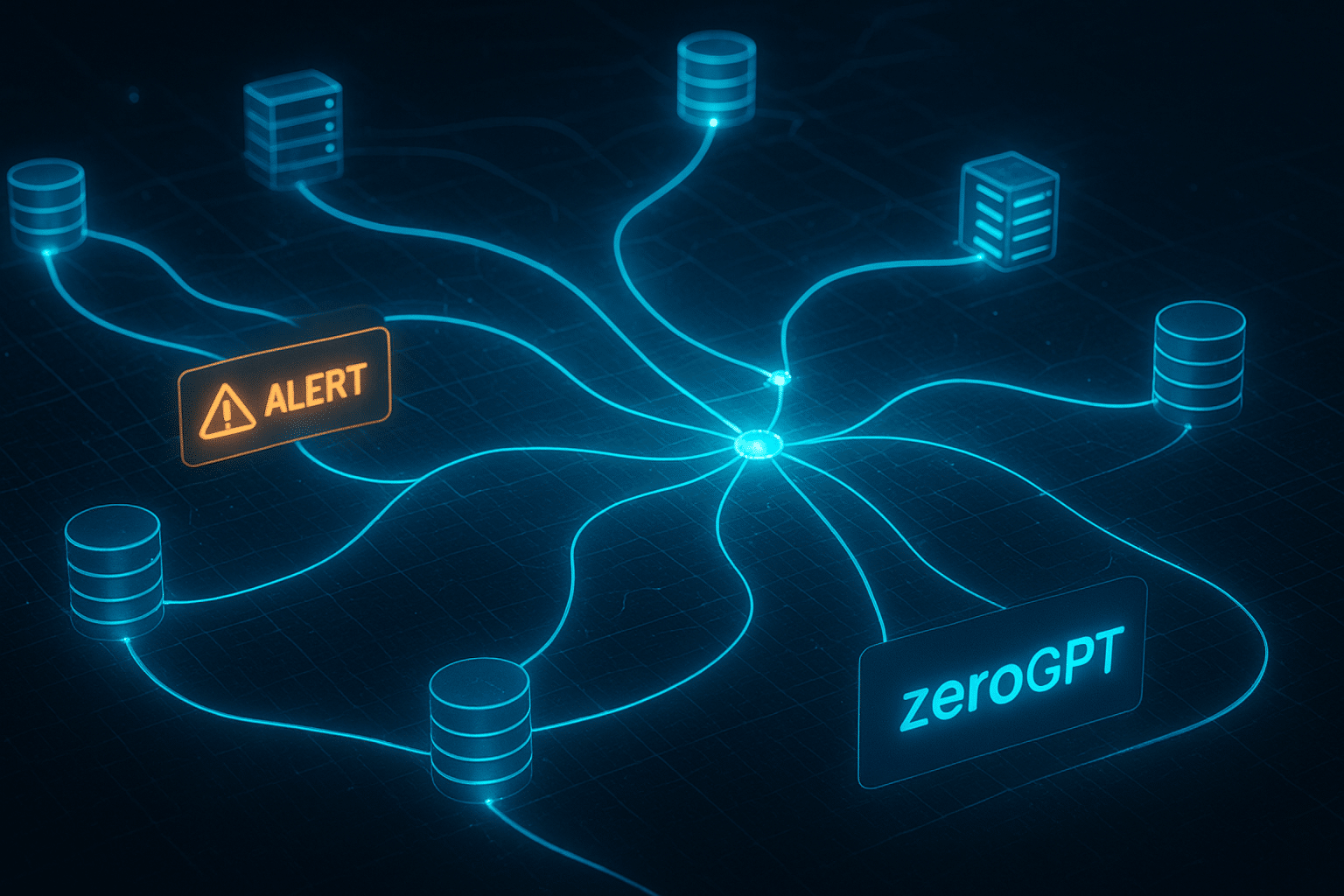 A digital map of servers, databases, and networks auto-generating in real time, glowing nodes connecting dynamically, alerts popping up in specific areas, 3D cyber network visualization.