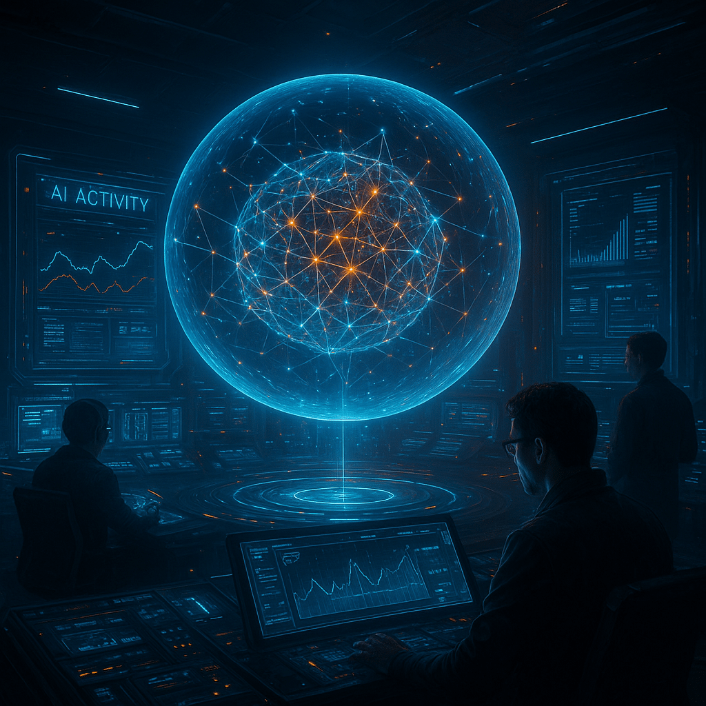 ChatGPT Image Aug 15, 2025, 08_09_27 PM A futuristic control room filled with glowing holographic dashboards tracking AI activity, a giant transparent sphere showing a neural network in motion, developers monitoring multiple screens with LLM performance metrics, sleek cyberpunk style, ultra-detailed, cinematic lighting