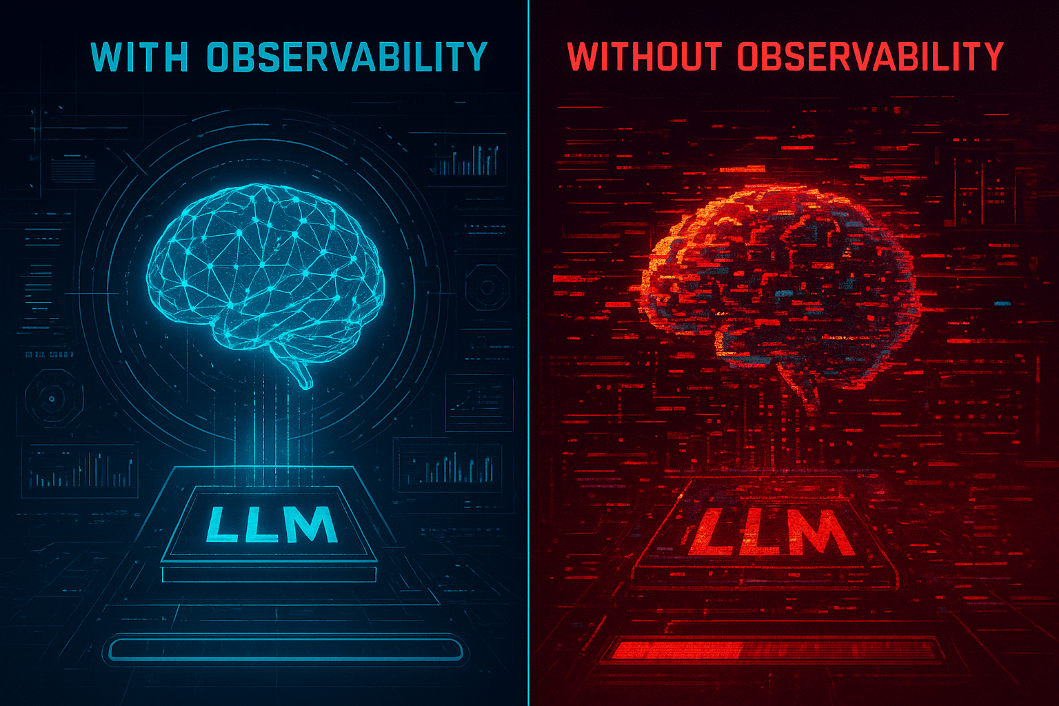 ChatGPT Image Aug 15, 2025, 08_13_55 PM A split-screen concept showing a well-monitored LLM system running smoothly on one side, and a chaotic, glitchy AI spitting nonsense on the other, symbolic of “with vs without observability,” vibrant colors, high contrast, futuristic UI overlays
