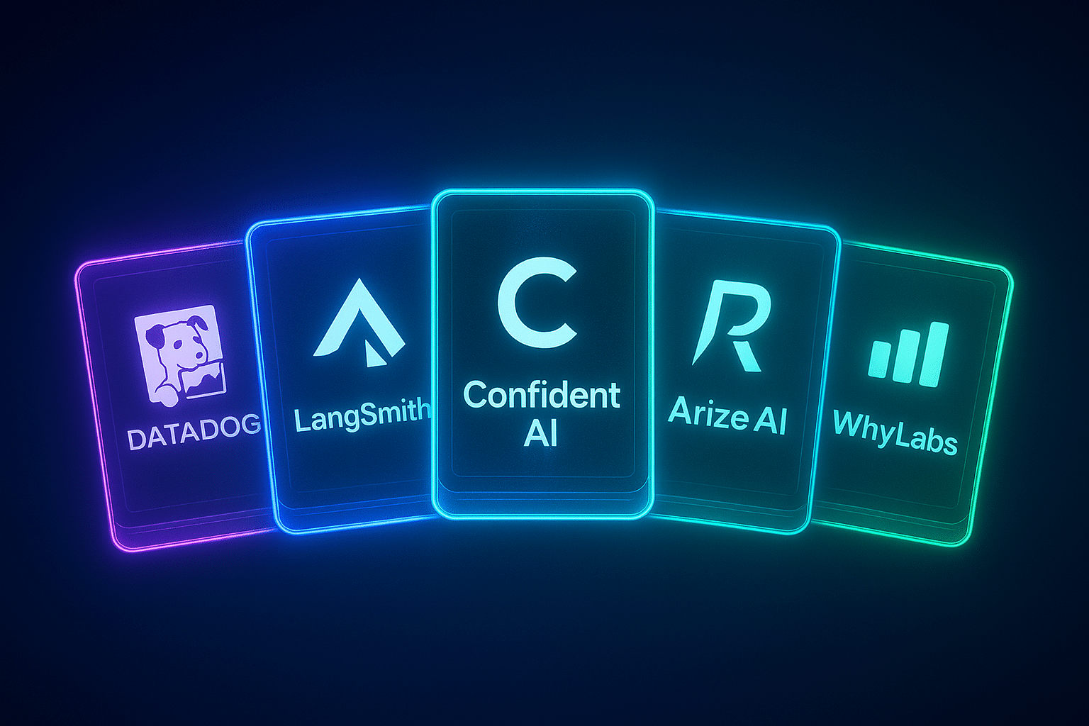 ChatGPT Image Aug 15, 2025, 08_25_24 PM A lineup of holographic “tool cards” floating in space, each labeled with Datadog, LangSmith, Confident AI, Arize AI, WhyLabs, with glowing neon borders and futuristic tech branding style,