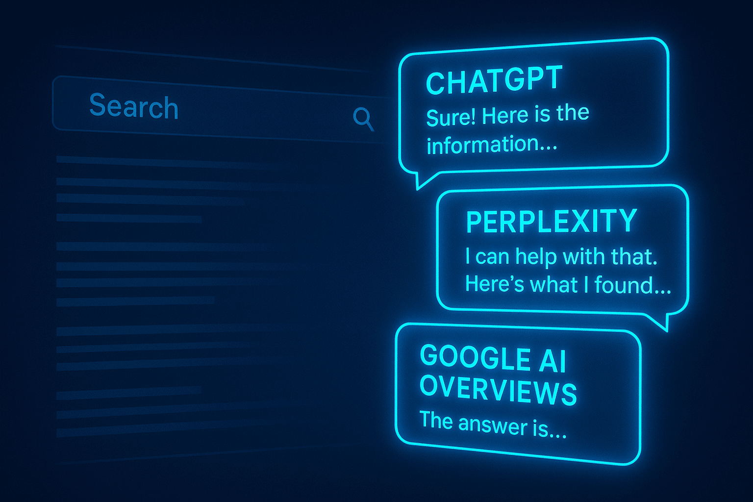 Traditional search engine results fading into the background, while futuristic AI assistants (ChatGPT, Perplexity, Google AI Overviews) generate glowing, conversational answers in holographic screens.