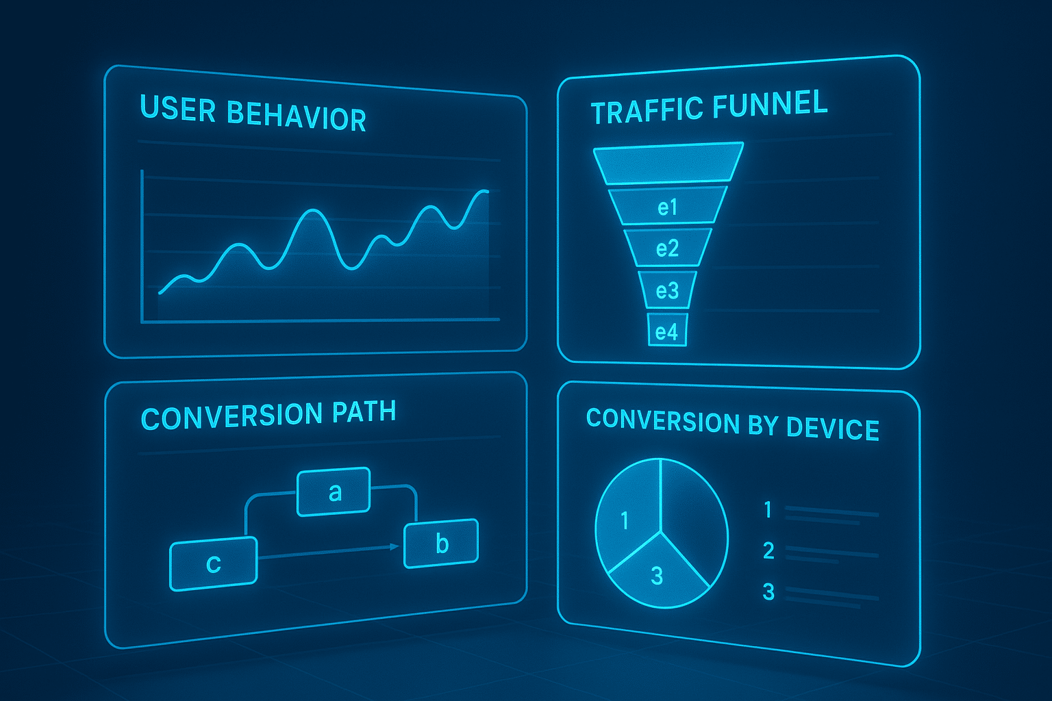 Clean analytics dashboard showing user behavior charts, traffic funnels, and conversion paths. Futuristic holographic graphs floating in mid-air. Modern SaaS data visualization aesthetic
