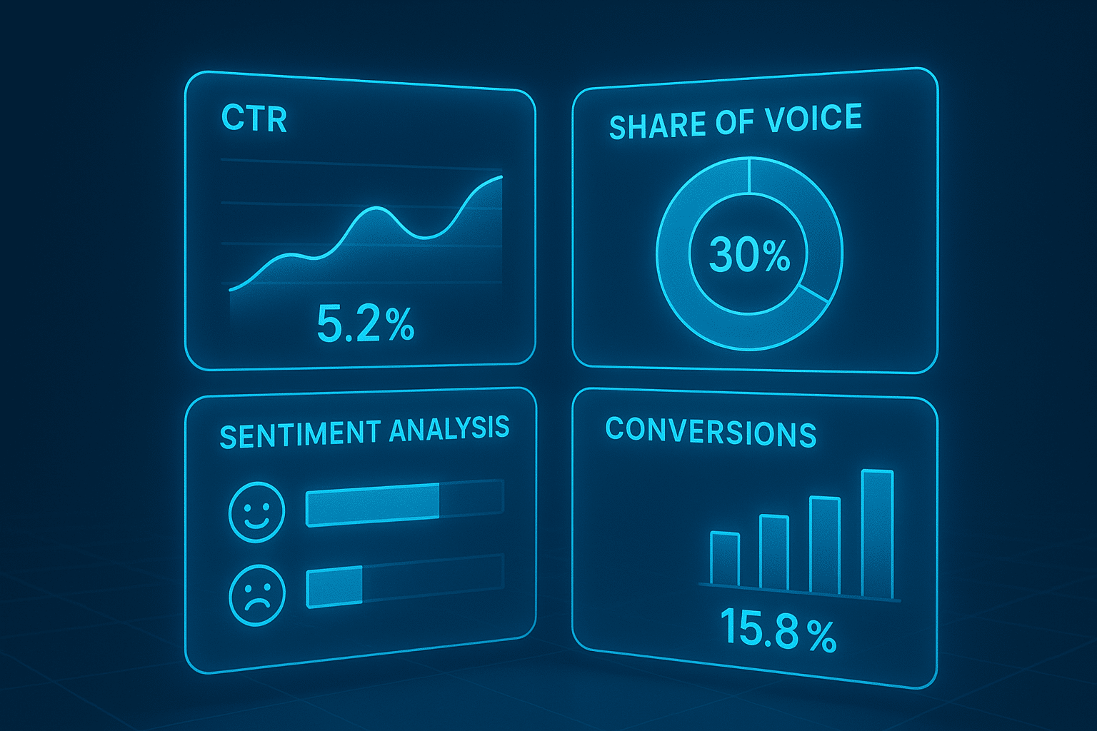 Infographic dashboard showing CTR, share of voice, sentiment analysis, and conversions. Holographic-style charts filtering out cluttered vanity metrics.