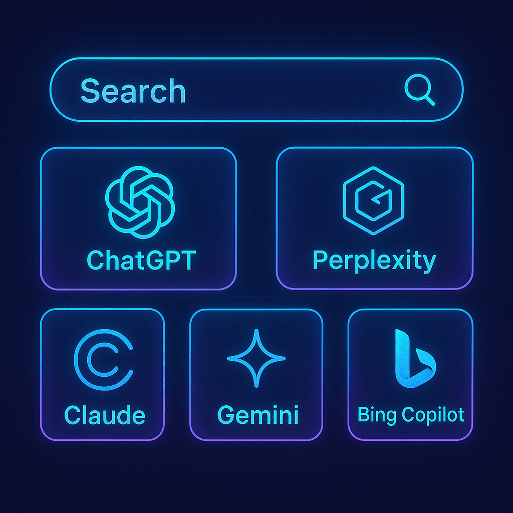 ChatGPT Image Aug 16, 2025, 08_50_12 PM Futuristic digital search interface with AI chatbots like ChatGPT, Perplexity, Claude, Gemini, and Bing Copilot replacing traditional search bars. Old-school Google search page fading into the background