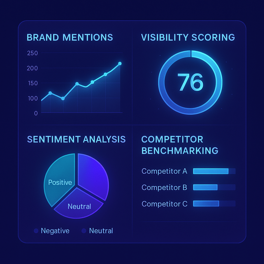 ChatGPT Image Aug 16, 2025, 08_55_06 PM Dashboard-style infographic showing brand mentions, visibility scoring, sentiment analysis, and competitor benchmarking. Futuristic SEO 2.0 design with holographic charts and AI metrics.