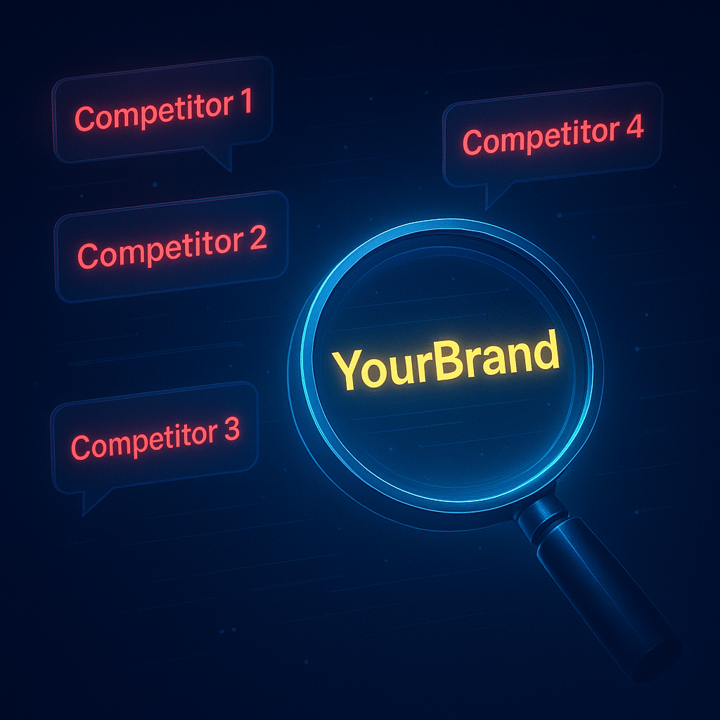 ChatGPT Image Aug 16, 2025, 09_01_08 PM Magnifying glass scanning AI-generated text bubbles, highlighting specific brand names in glowing yellow. Competitor names highlighted in red. Futuristic detective-style visualization of AI monitoring.