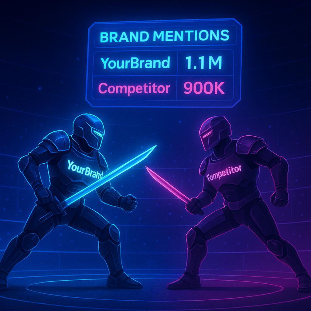 ChatGPT Image Aug 16, 2025, 09_10_21 PM Two brands shown as futuristic gladiators battling for visibility inside an AI arena. Holographic scoreboard displaying competitor brand mentions and ranking.