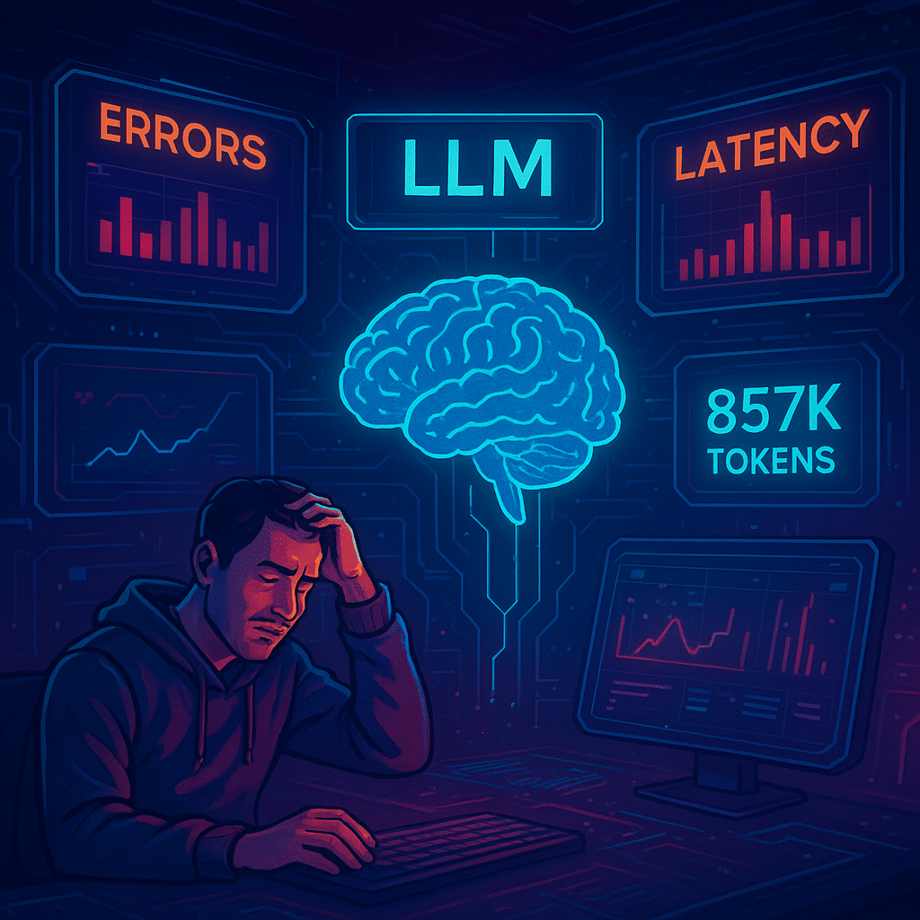 ChatGPT Image Aug 18, 2025, 04_35_15 PM A futuristic control center with glowing dashboards tracking AI performance, an LLM model represented as a glowing brain connected to multiple screens showing errors, latency spikes, and token counters. A stressed developer sighs in relief as Datadog visualizations highlight issues clearly.
