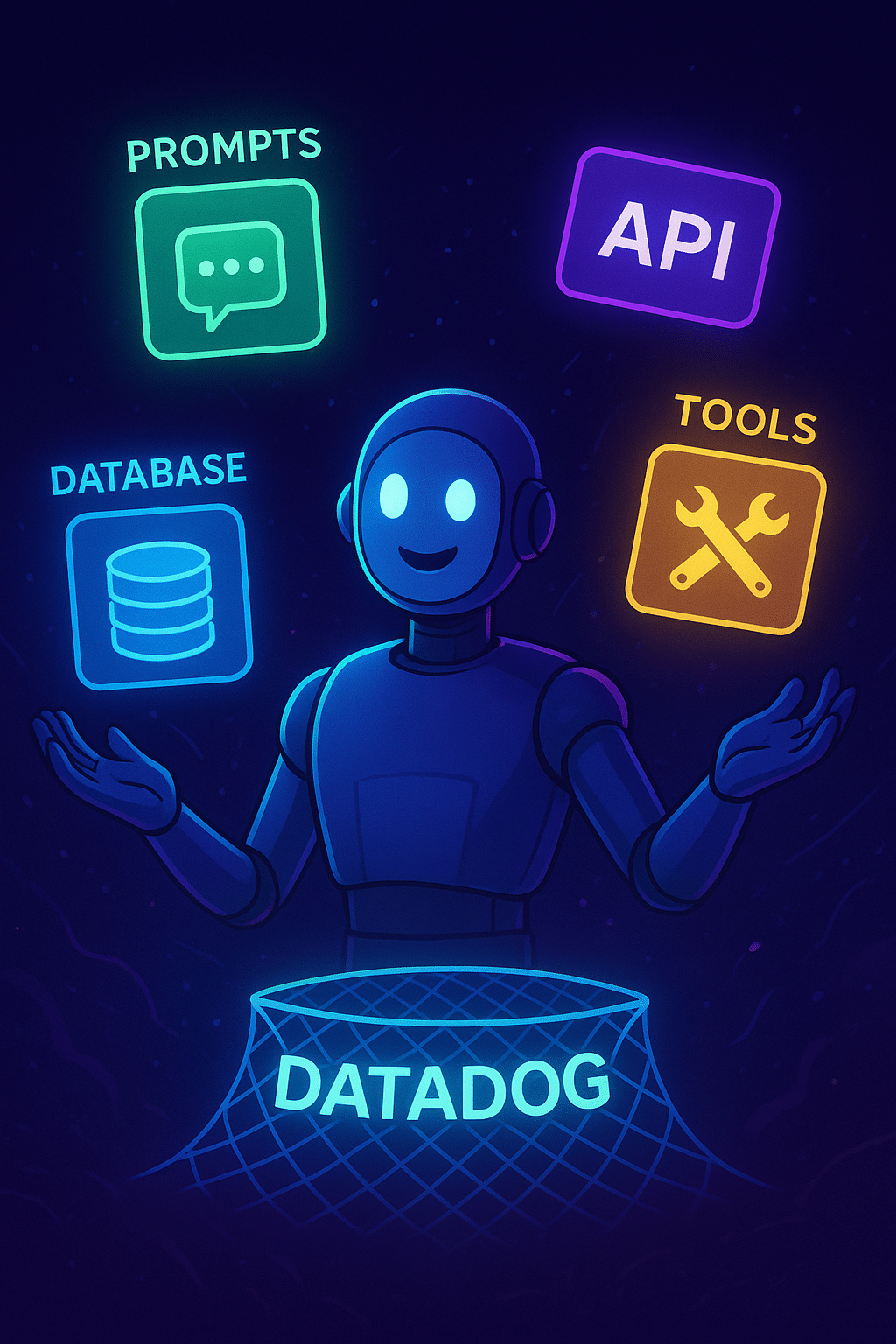 ChatGPT Image Aug 18, 2025, 04_38_59 PM An AI agent juggling glowing icons: prompts, APIs, databases, and tools. Some are falling, but a glowing Datadog net catches them, symbolizing debugging and monitoring of agent workflows.