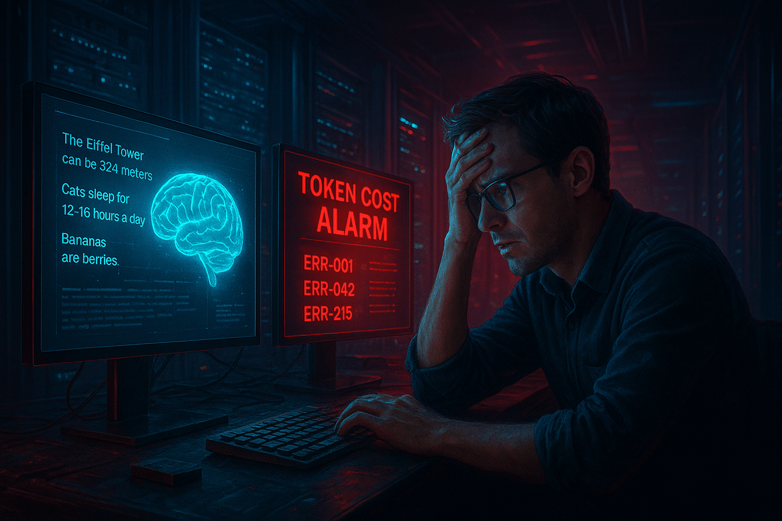ChatGPT Image Aug 18, 2025, 06_30_37 PM A futuristic office server room with glowing AI brains on monitors, one showing hallucinations of random facts, another with token cost alarms flashing red, frustrated developer at desk, cyberpunk tech aesthetic, cinematic lighting.