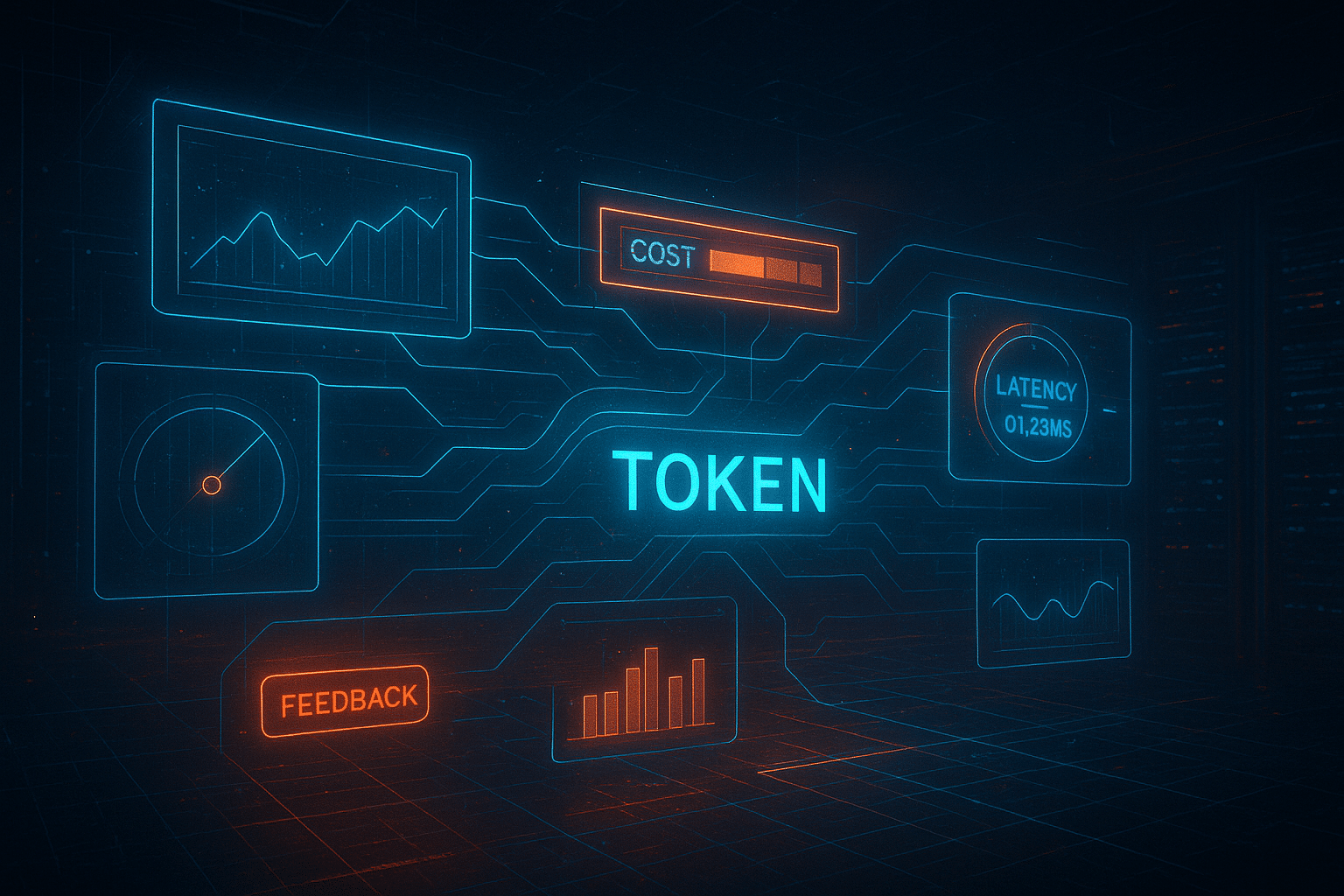 ChatGPT Image Aug 18, 2025, 06_34_01 PM A holographic control room with interconnected graphs, token streams, cost meters, latency timers, and feedback charts forming a “digital nervous system,” futuristic data visualization, glowing lines and grids.