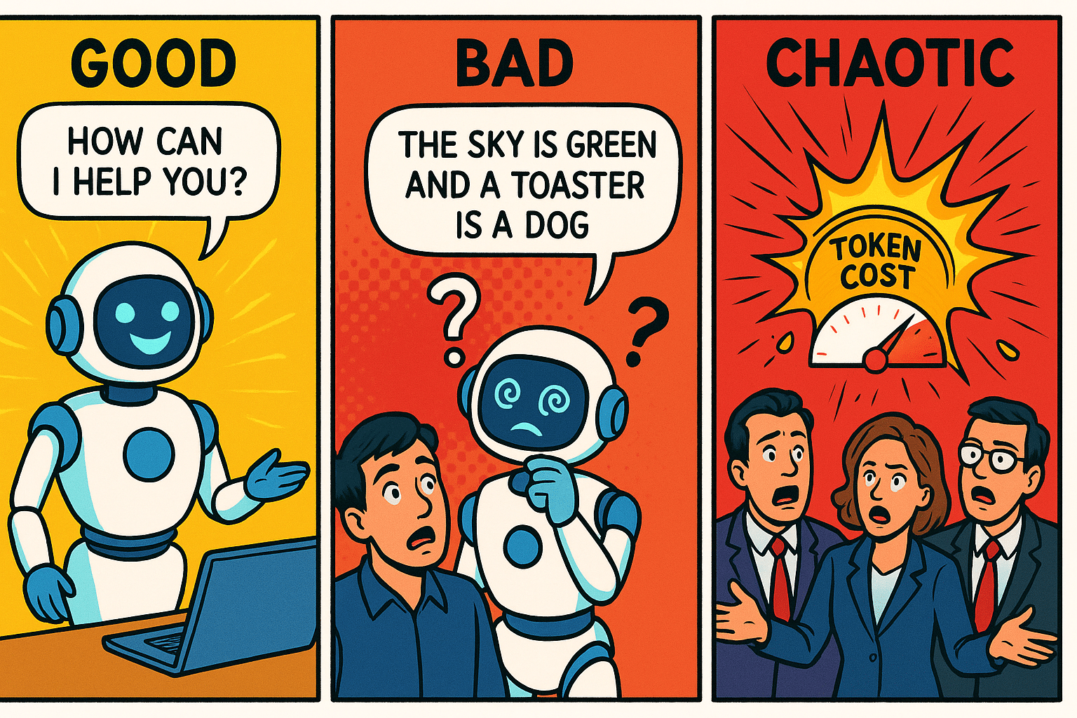 ChatGPT Image Aug 18, 2025, 06_38_12 PM Three-panel illustration: Good: AI assistant happily answering user queries. Bad: Confused chatbot hallucinating nonsense. Chaotic: Exploding token cost meter with finance team panicking.
Vivid comic-style artwork.