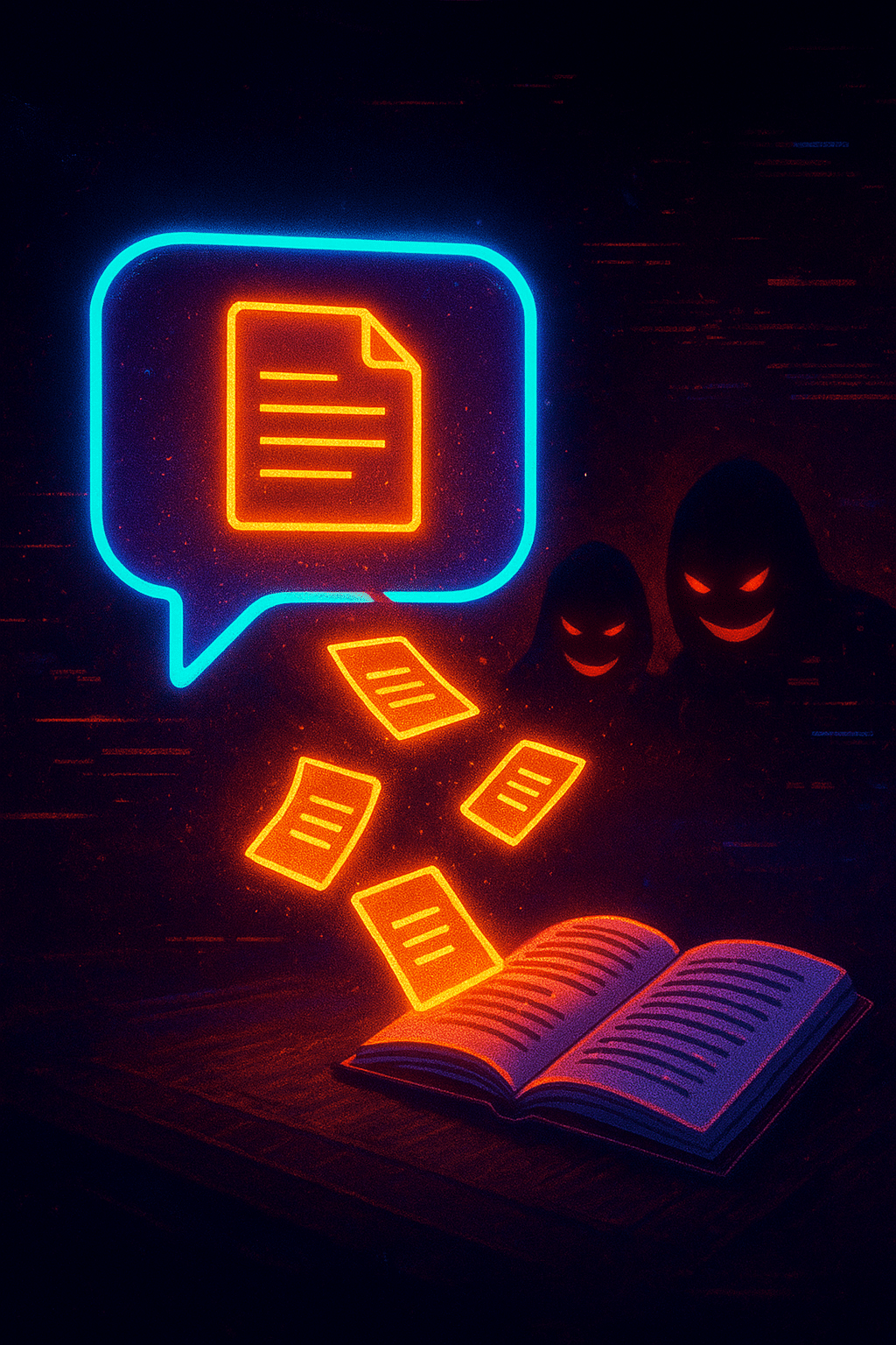 ChatGPT Image Aug 19, 2025, 05_47_10 PM Chatbot speech bubble leaking glowing confidential documents, futuristic diary left open with hackers peeking, neon glitch aesthetic
