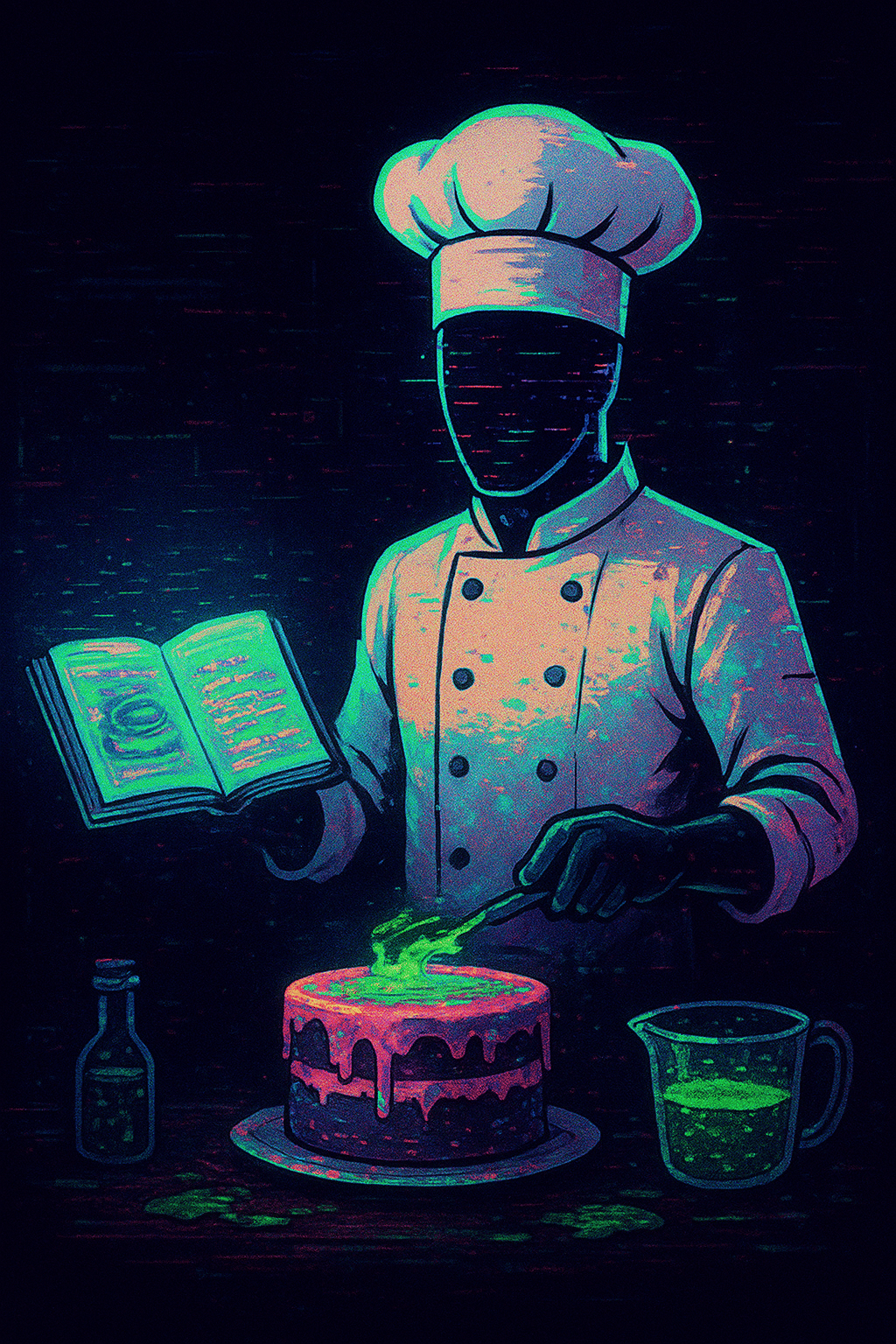 ChatGPT Image Aug 19, 2025, 05_53_07 PM Cake recipe book filled with corrupted data, AI chef baking a glitchy cake, poisoned ingredients glowing green, surreal cyberpunk aesthetic.