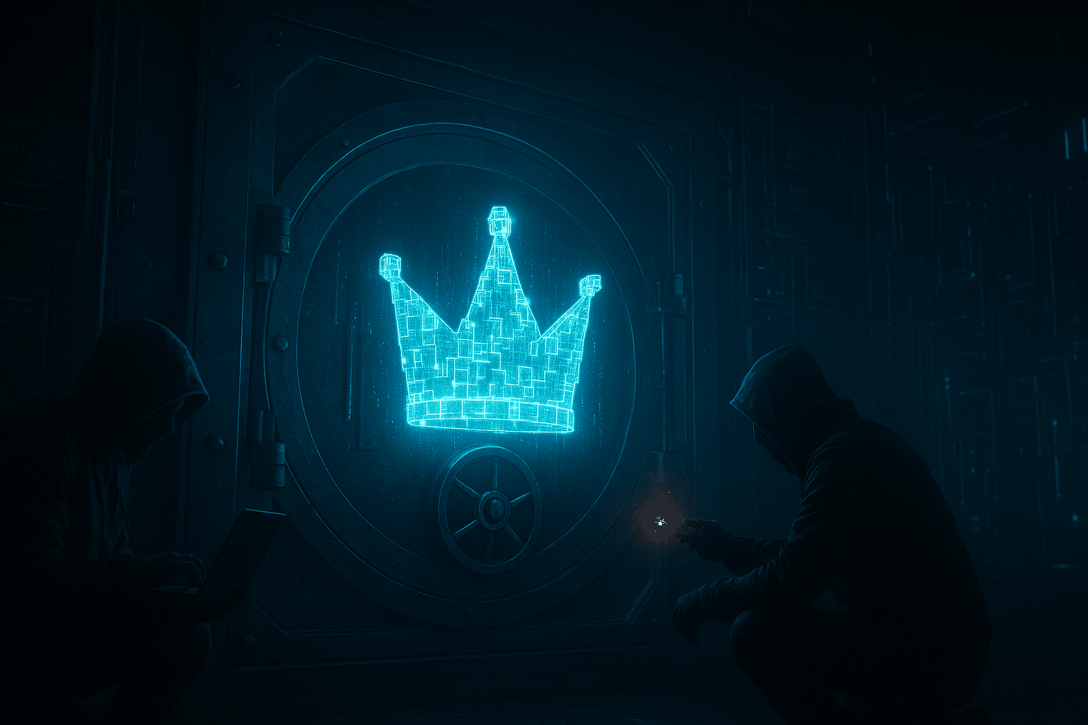ChatGPT Image Aug 19, 2025, 05_57_08 PM Crown made of glowing data blocks locked inside a digital vault, hackers outside trying to break in, cinematic futuristic security vault.