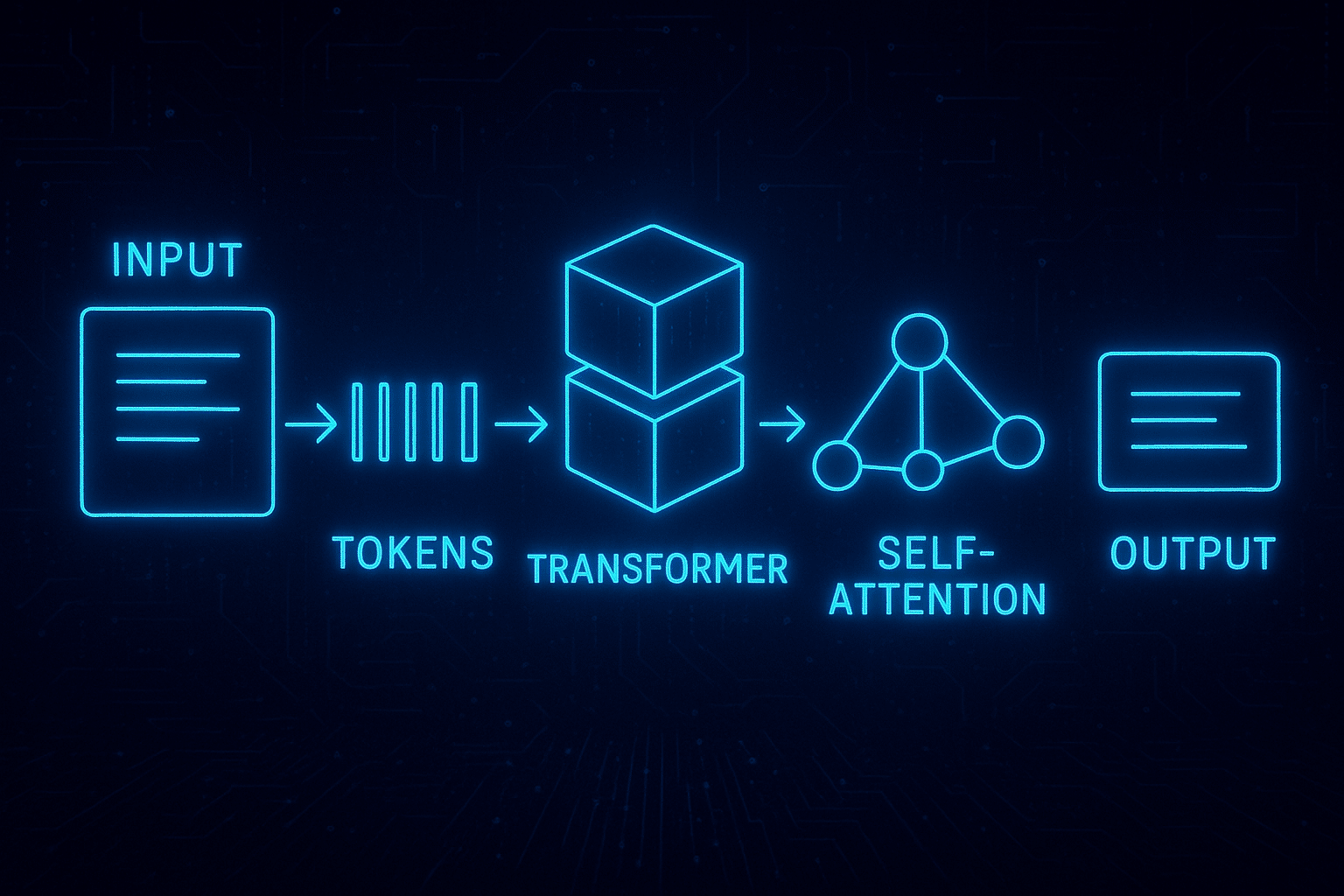 ChatGPT Image Aug 20, 2025, 04_05_02 PM step-by-step futuristic infographic: input → tokens → transformer → self-attention → output, neon cyber diagram glowing hologram