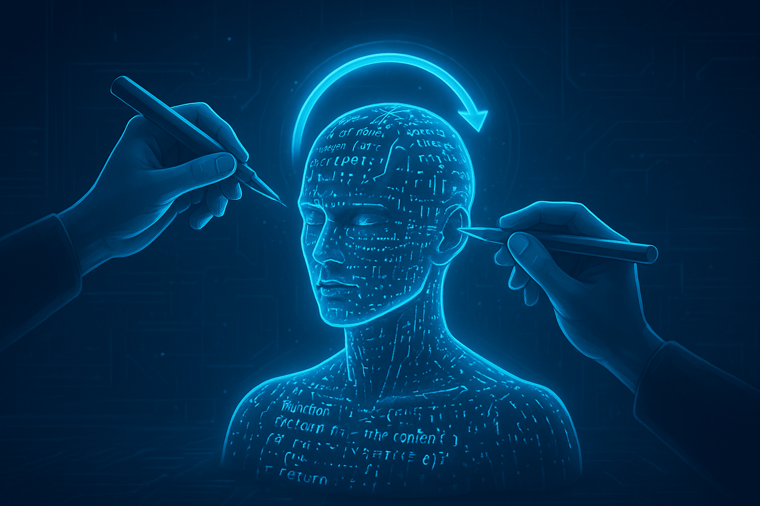 ChatGPT Image Aug 20, 2025, 04_12_30 PM AI model being sculpted by human hands with glowing code, reinforcement feedback loop visuals, futuristic training lab aesthetic