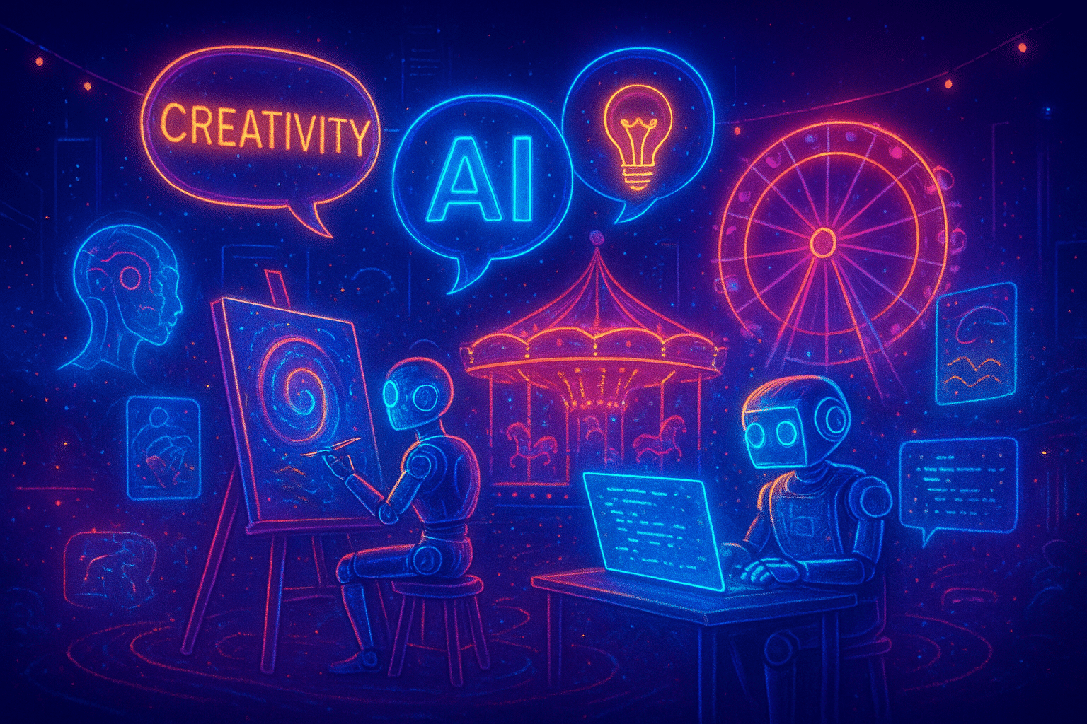 ChatGPT Image Aug 20, 2025, 04_18_54 PM futuristic carnival of AI creativity: glowing text balloons, holographic images, robots painting and coding, vibrant neon surreal