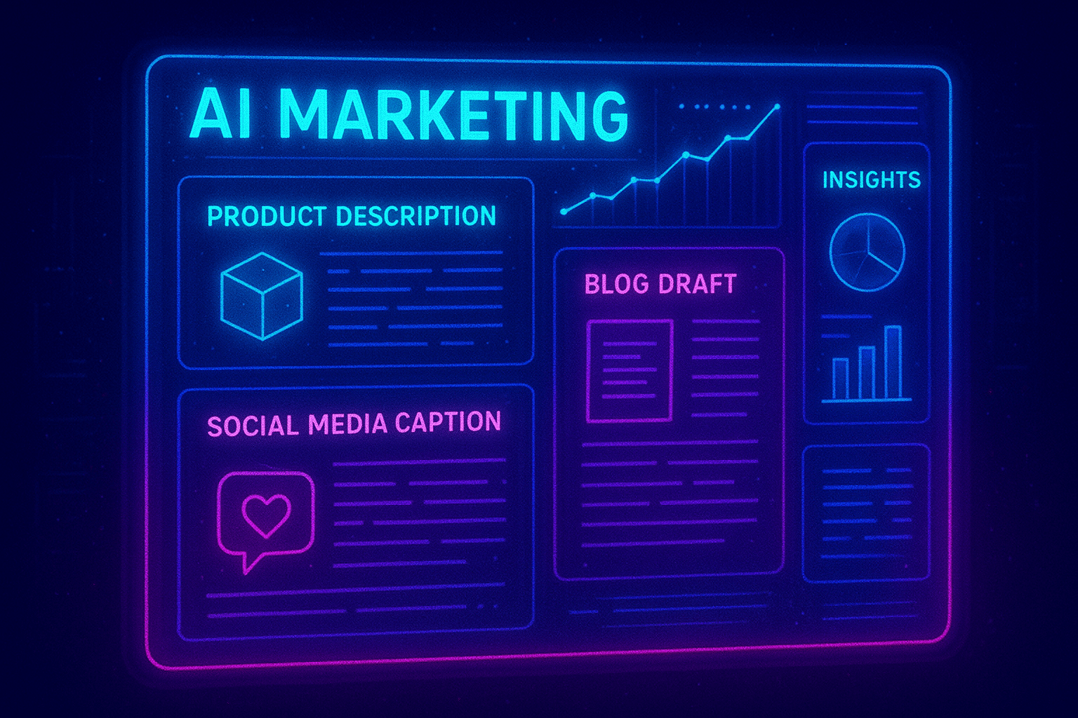 ChatGPT Image Aug 20, 2025, 04_37_11 PM AI-powered marketing dashboard glowing with product descriptions, blog drafts, and social media captions, futuristic SaaS vibe