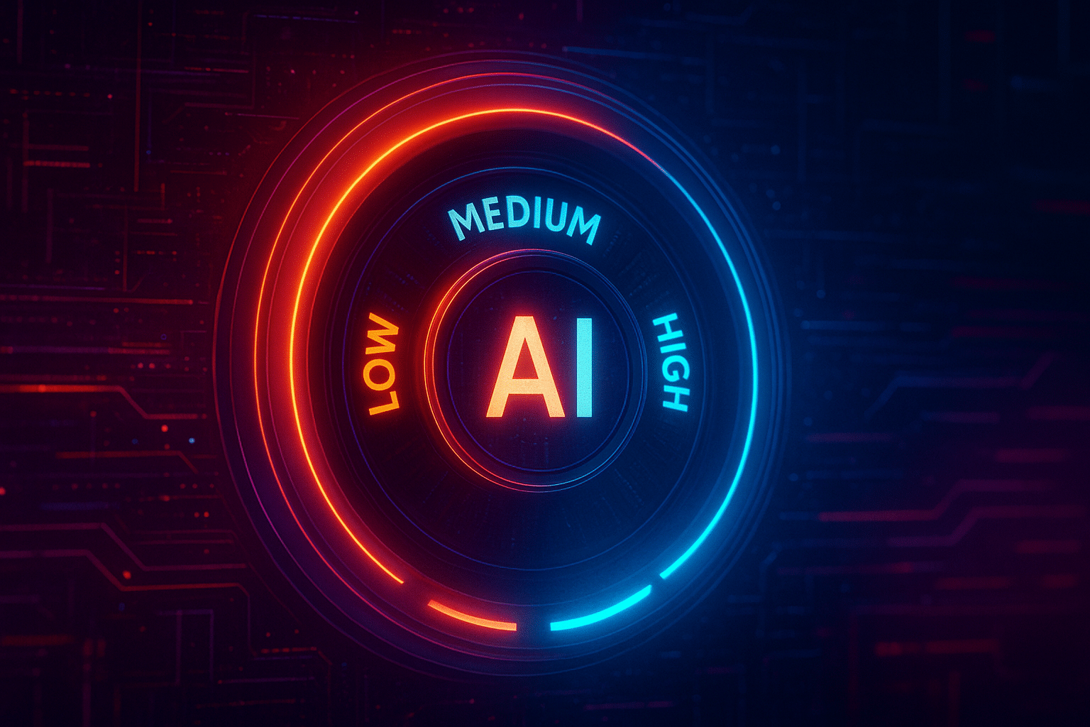 ChatGPT Image Aug 20, 2025, 06_15_01 PM AI control dial glowing with “low → medium → high,” futuristic interface, cyberpunk neon colors, cinematic lighting