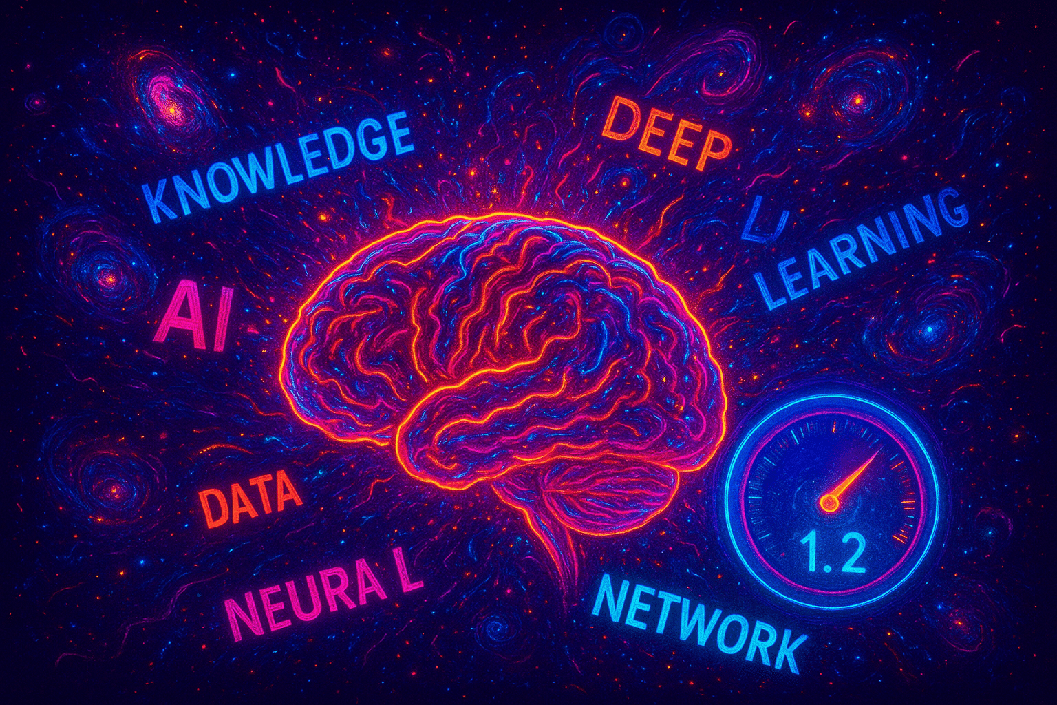 ChatGPT Image Aug 20, 2025, 06_22_15 PM AI brain exploding with colorful chaotic words and galaxies, glowing high-temp dial (1.2), surreal vibrant neon style.