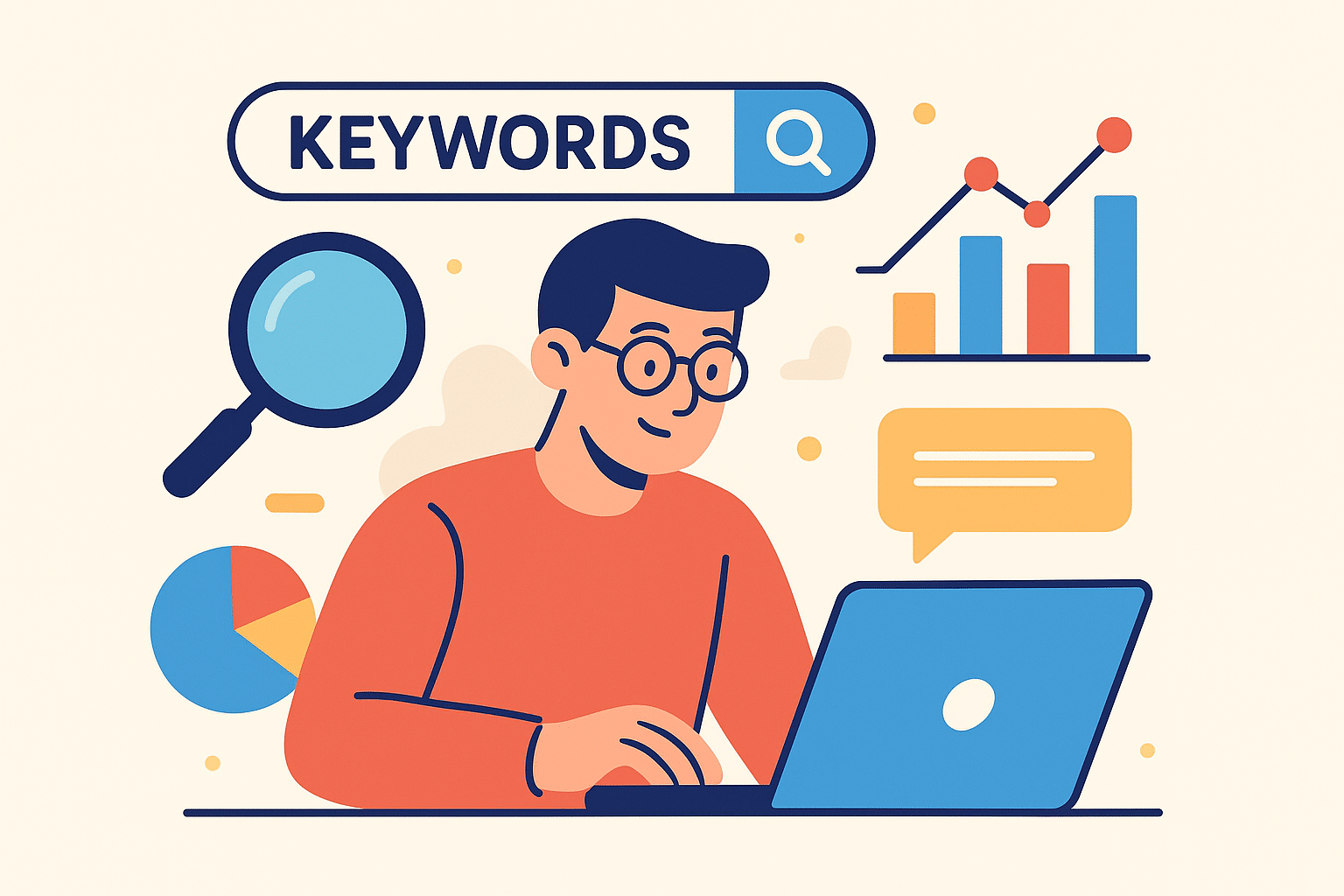 ChatGPT Image Aug 21, 2025, 06_25_43 PM marketer analyzing keyword data on laptop, search icons, magnifying glass, charts, playful but professional