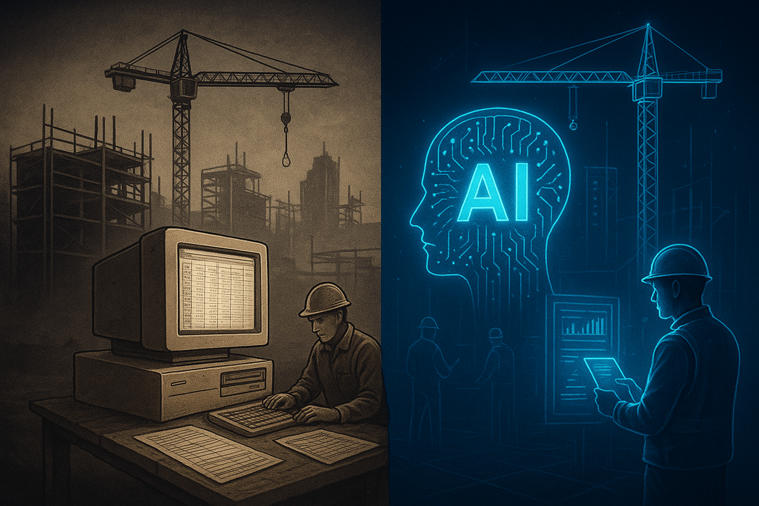 ChatGPT Image Aug 21, 2025, 07_37_56 PM construction site stuck in spreadsheets and old computers on one side, glowing AI-driven site on the other