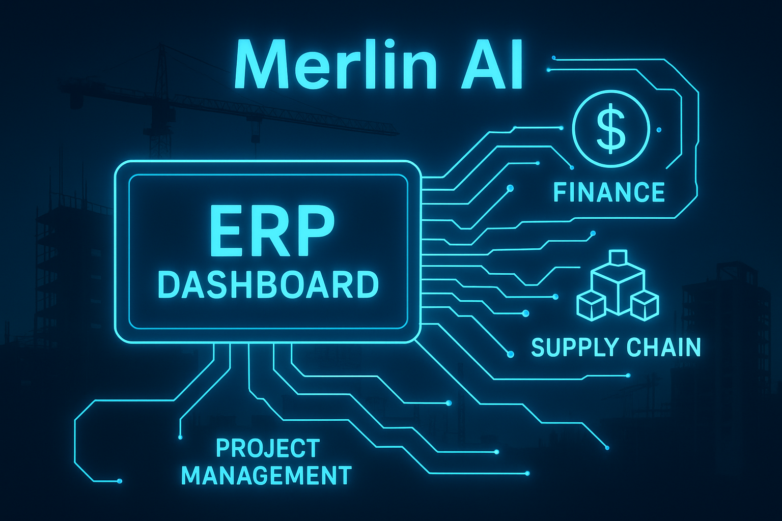 ChatGPT Image Aug 21, 2025, 07_44_41 PM ERP dashboard connecting finance, supply chain, project management, glowing neon circuits