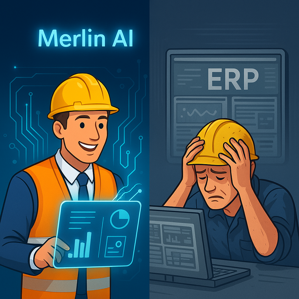 ChatGPT Image Aug 21, 2025, 07_50_00 PM happy construction manager using sleek futuristic interface of Merlin AI vs stressed worker drowning in old ERP screens