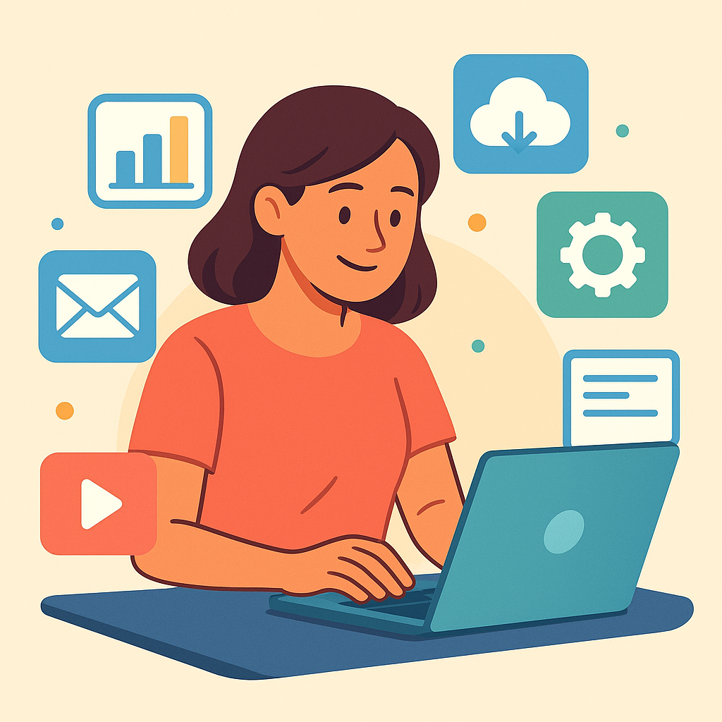 ChatGPT Image Aug 22, 2025, 07_41_51 PM small business owner working on laptop, surrounded by free digital tools icons