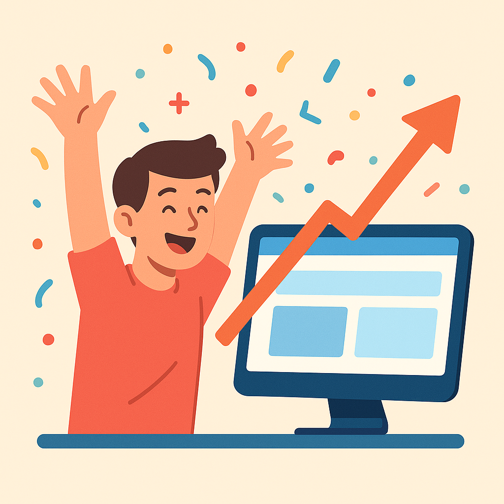 ChatGPT Image Aug 22, 2025, 07_57_44 PM marketer celebrating website growth, upward arrow graph, colorful confetti