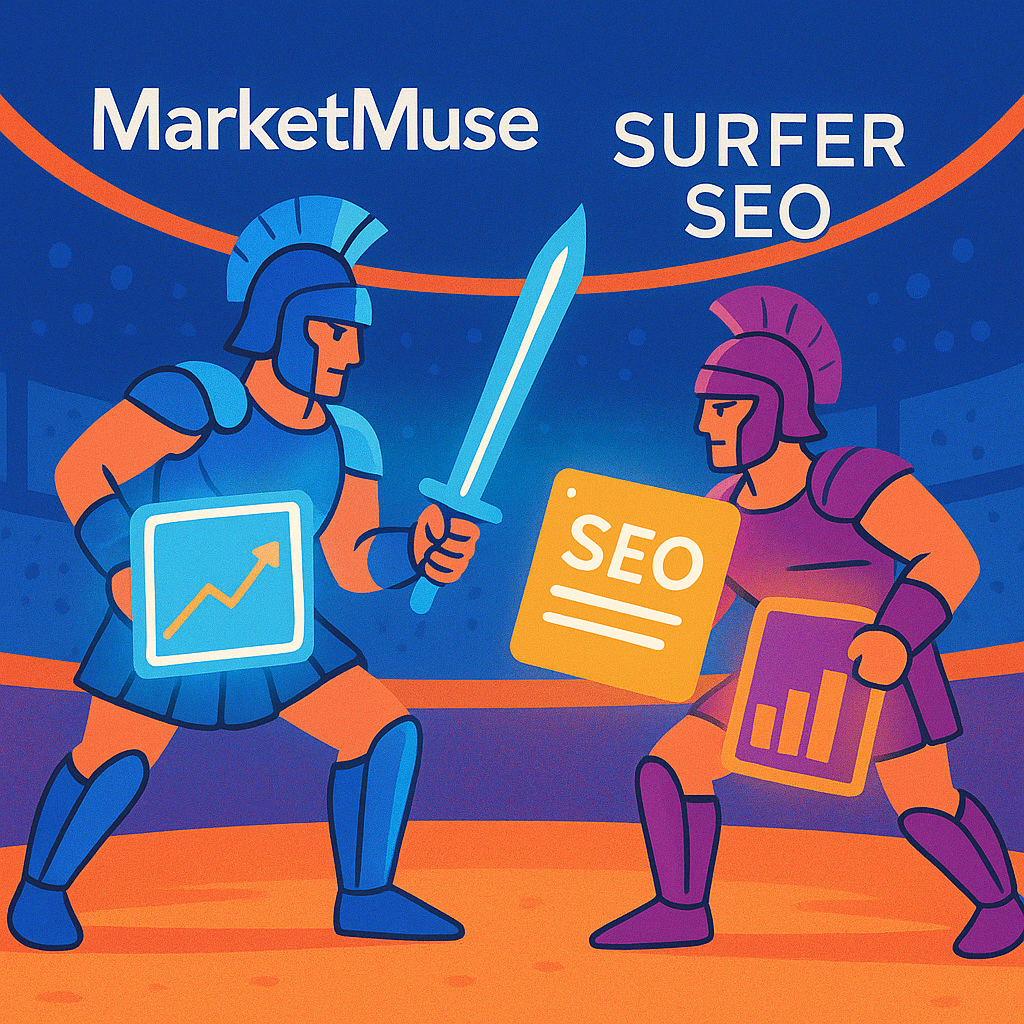 ChatGPT Image Aug 25, 2025, 08_58_21 PM two gladiators in a digital arena labeled “MarketMuse” and “Surfer SEO,” fighting with glowing data charts and SEO keywords as weapons,