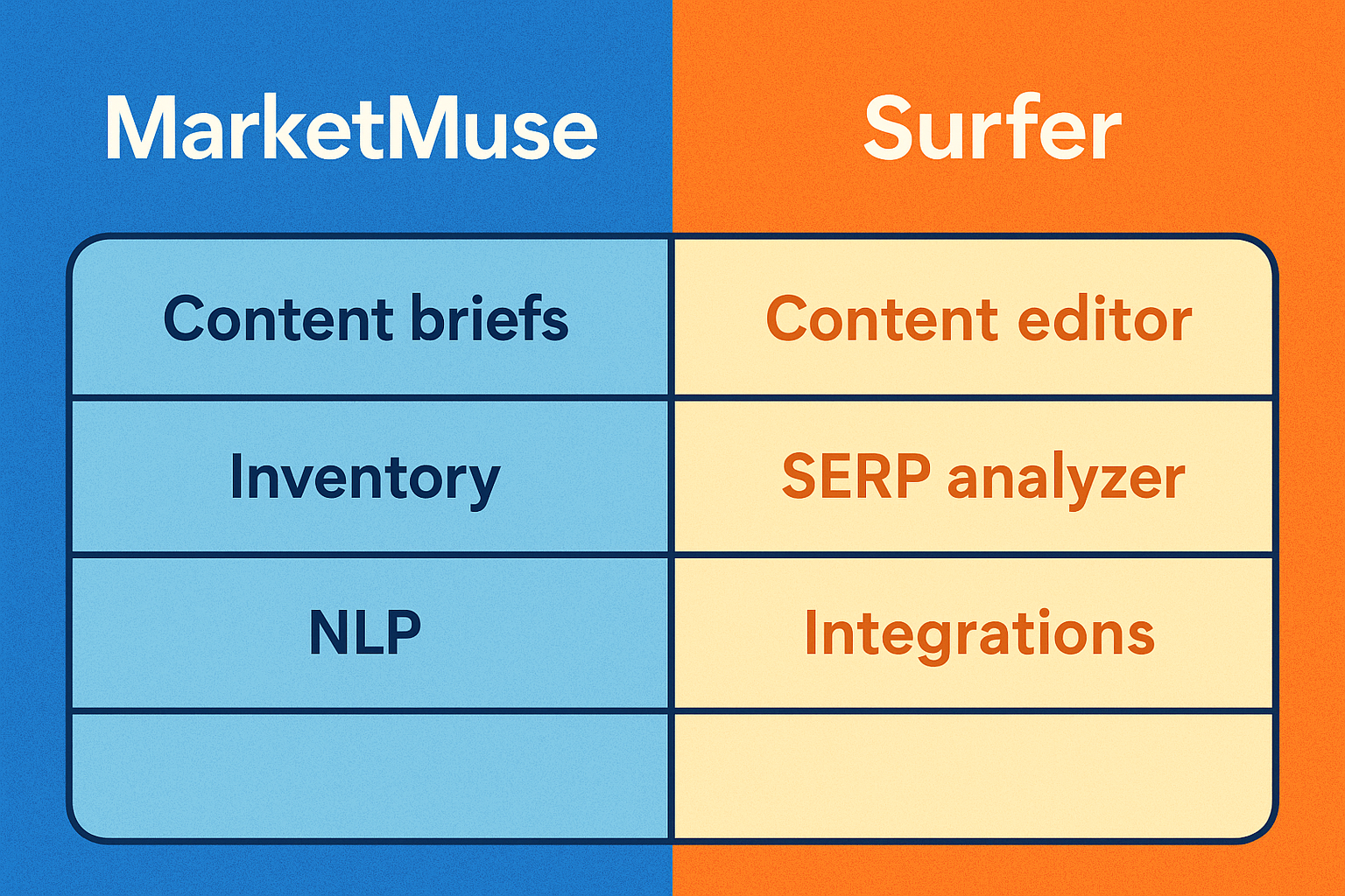 ChatGPT Image Aug 25, 2025, 09_07_01 PM colorful comparison table illustration, one column MarketMuse features (content briefs, inventory, NLP), one column Surfer features (content editor, SERP analyzer, integrations)