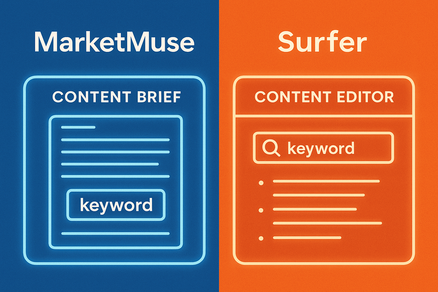 ChatGPT Image Aug 25, 2025, 09_16_28 PM two glowing digital writing screens, MarketMuse content brief vs Surfer SEO content editor with keyword prompts, side-by-side editorial illustration