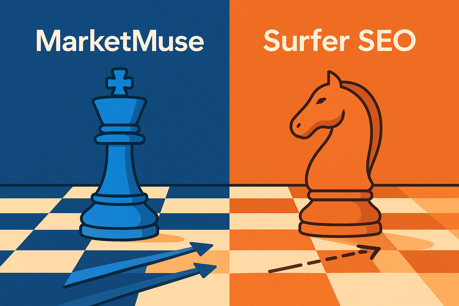 ChatGPT Image Aug 25, 2025, 09_34_52 PM chessboard with MarketMuse strategizing long-term moves vs Surfer SEO quick tactical strikes