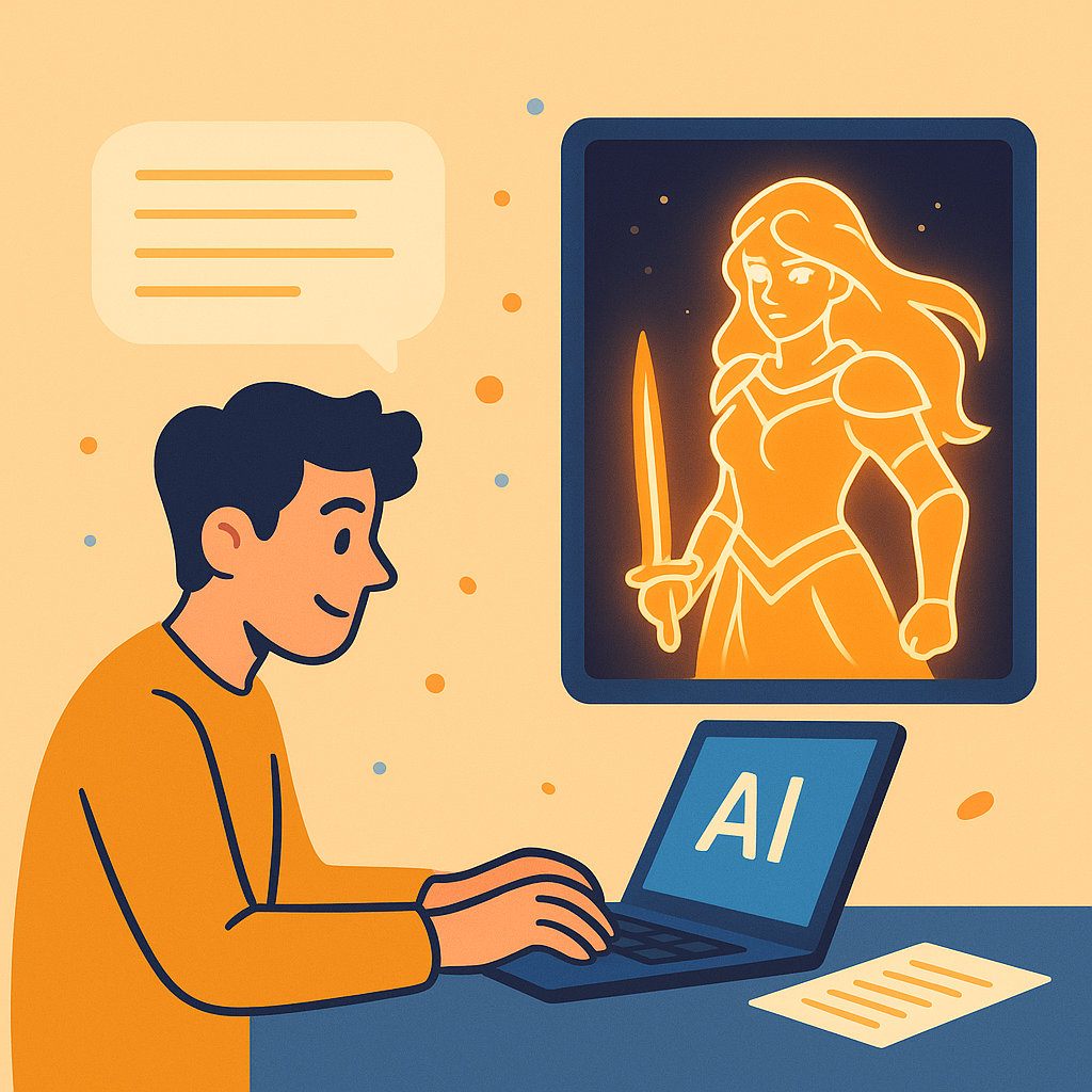 writer typing a detailed prompt on a laptop, AI monitor showing glowing character concept emerging