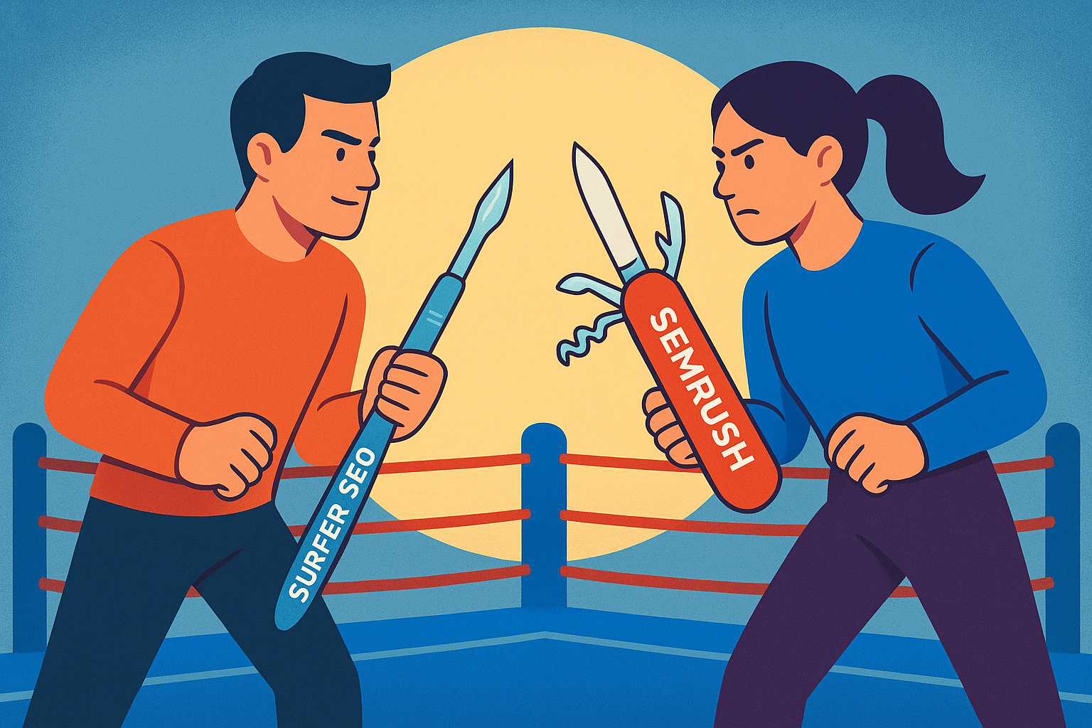 two marketers facing off in a digital boxing ring, one holding a scalpel labeled “Surfer SEO,” the other holding a Swiss Army knife labeled “Semrush” 