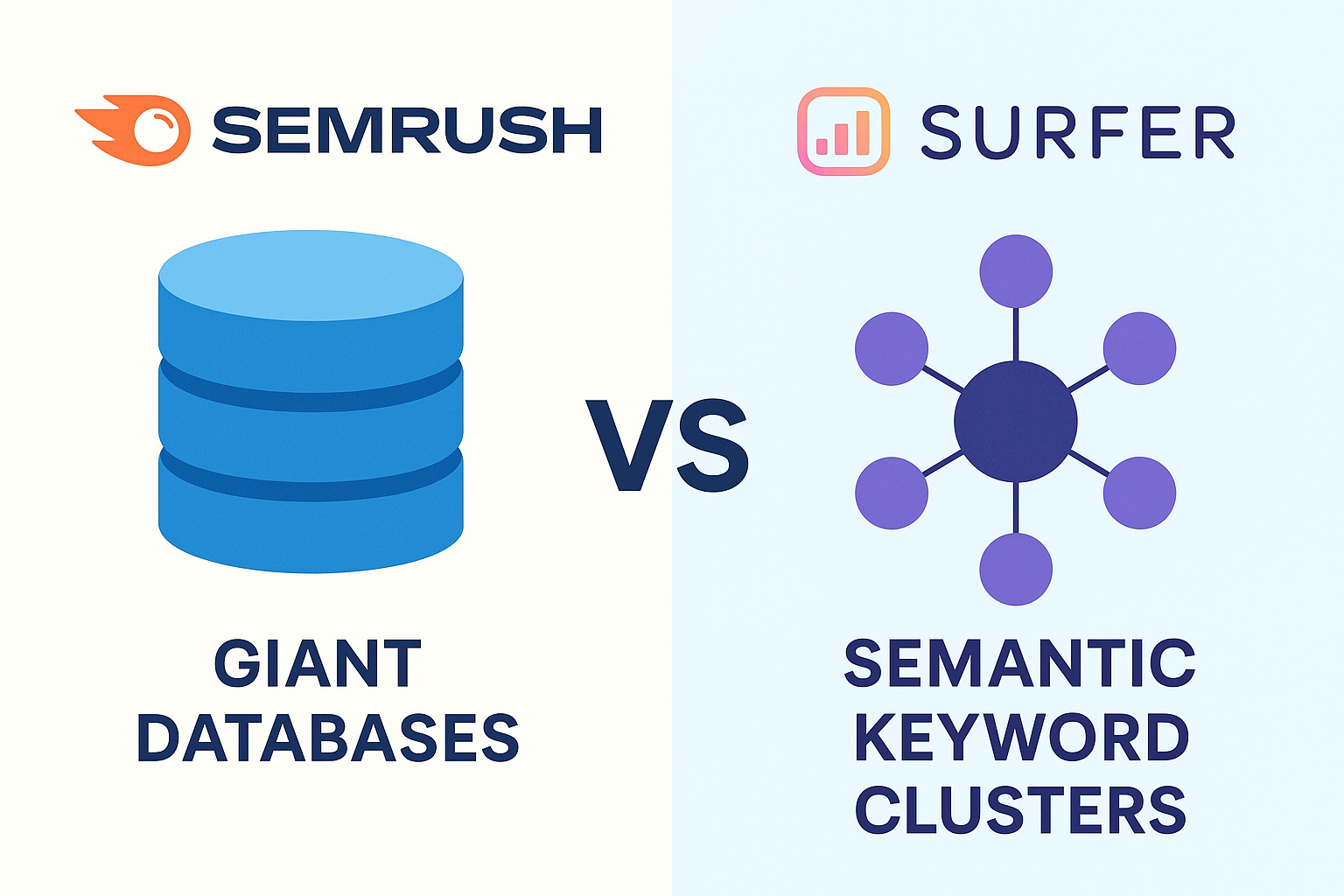 comparison board illustration, Semrush with giant database charts, Surfer SEO with small but precise semantic keyword clusters