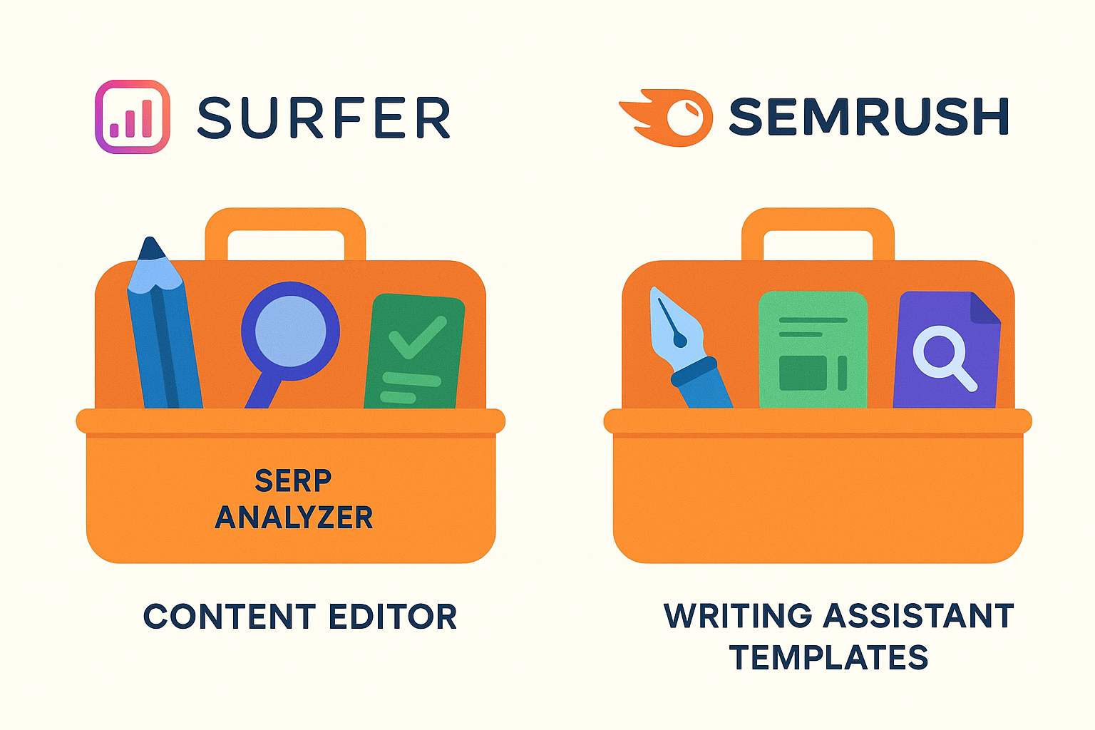 toolkit metaphor — Surfer SEO showing “Content Editor, SERP Analyzer, Content Planner” tools, Semrush showing “Writing Assistant, Templates, Topic Research,” illustrated as colorful icons in a toolboxtoolkit metaphor — Surfer SEO showing “Content Editor, SERP Analyzer, Content Planner” tools, Semrush showing “Writing Assistant, Templates, Topic Research” 