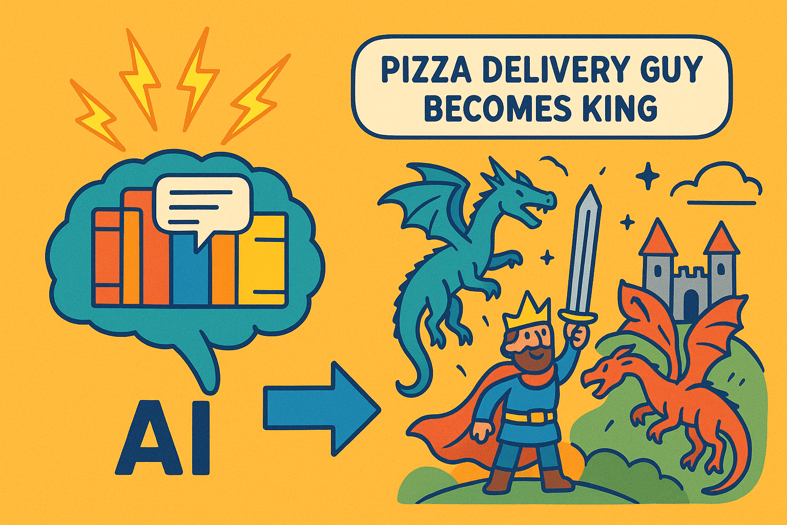 playful infographic-style illustration showing an AI brain made of books, text bubbles, and lightning bolts, transforming a prompt “pizza delivery guy becomes king”