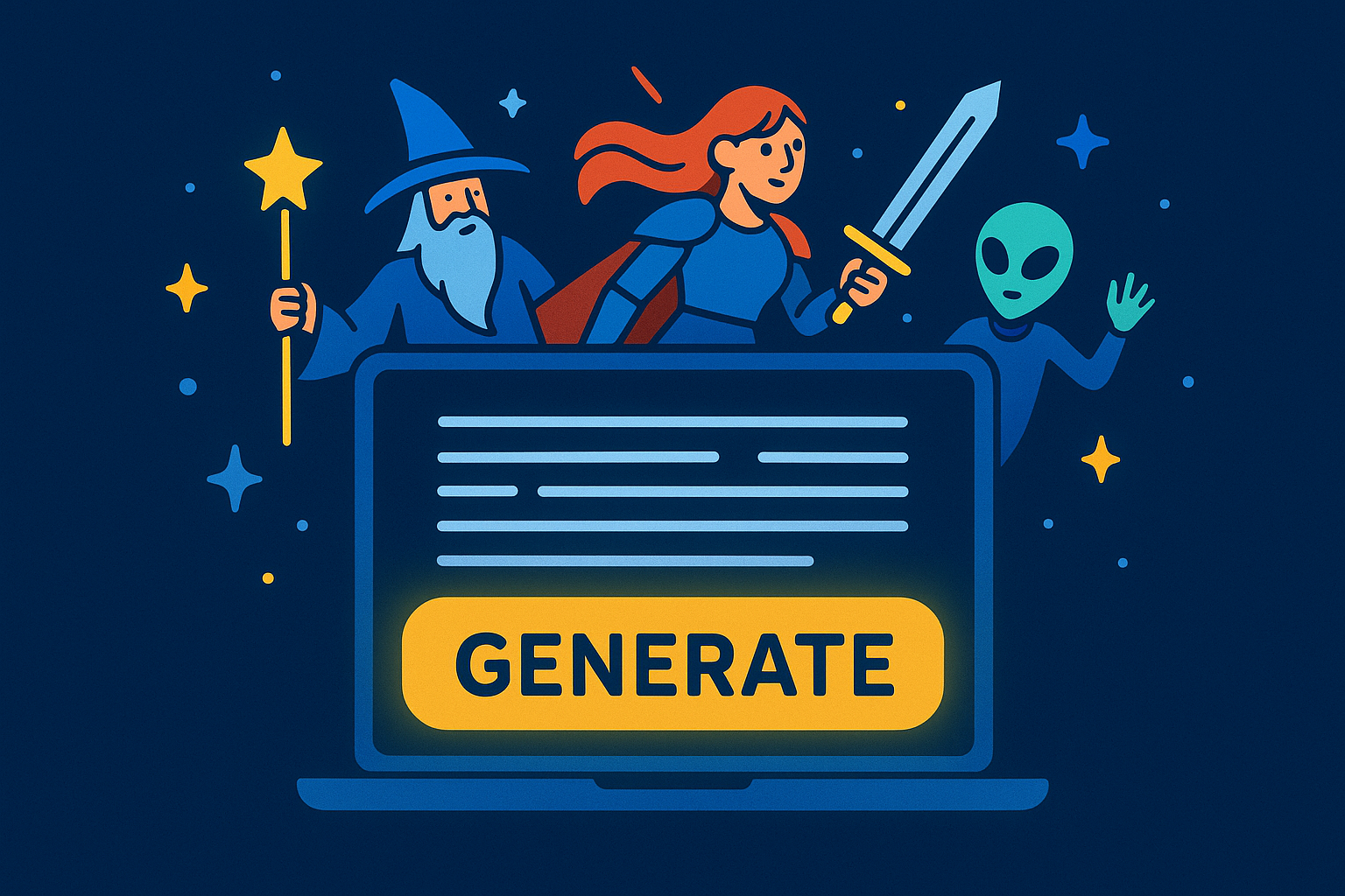 single-button interface with a glowing “Generate” button, a laptop screen instantly filling with paragraphs, fantasy and sci-fi characters popping out