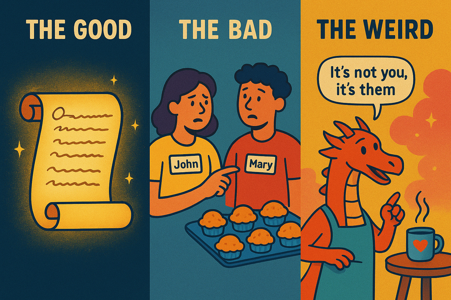 three-panel illustration: “The Good” → glowing manuscript with elegant text. “The Bad” → confused characters swapping names. “The Weird” → dragon baking muffins while giving relationship advice