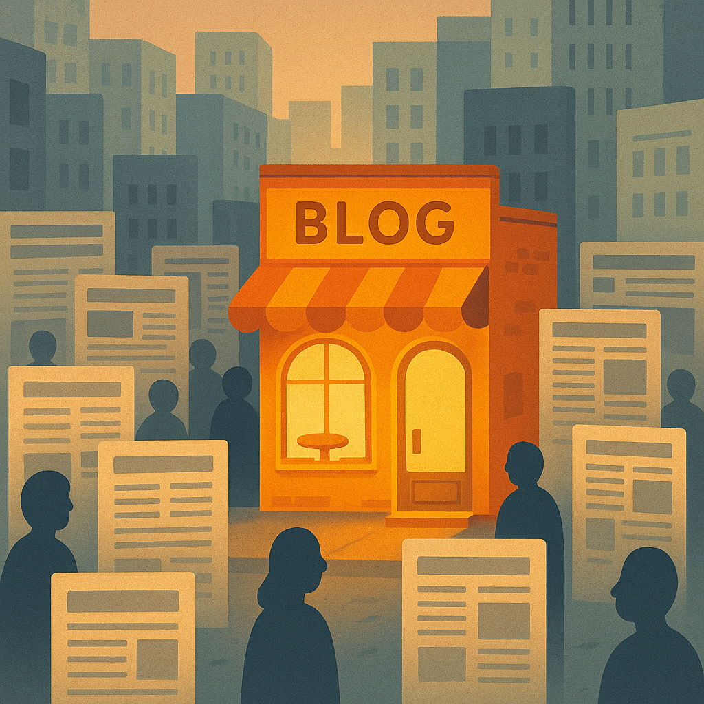 ChatGPT Image Aug 27, 2025, 07_50_29 PM crowded city street of identical blogs, one glowing café-style blog with inviting design, community vibe, and cozy atmosphere, flat editorial illustration