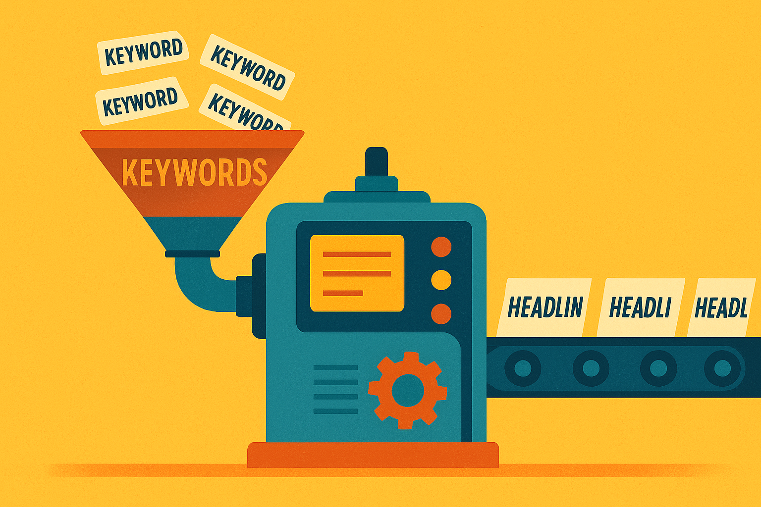 ChatGPT Image Aug 28, 2025, 04_13_52 PM fun metaphor illustration of a machine where “keywords” go in one side and polished headlines come out the other, like a factory conveyor, editorial flat style