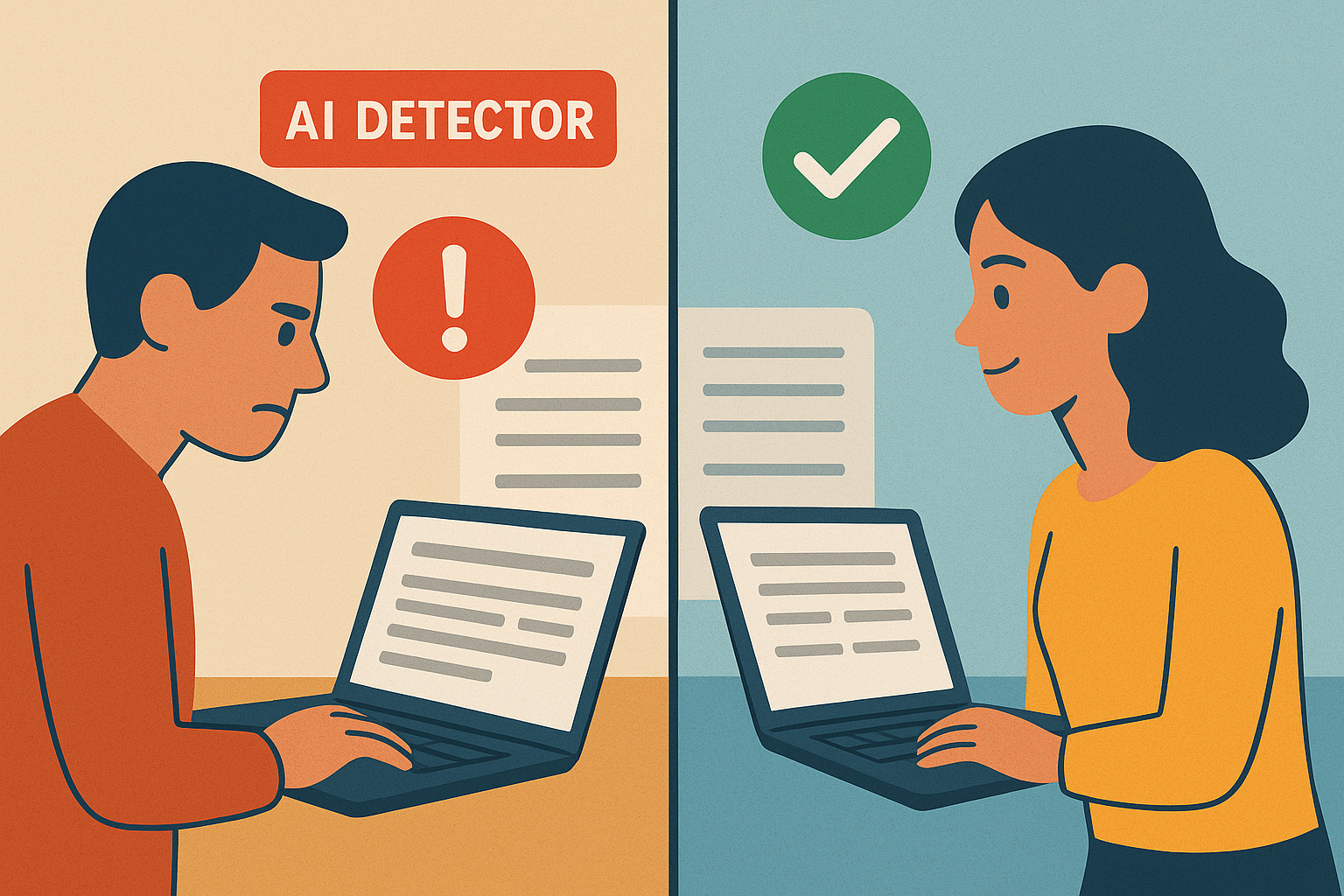 ChatGPT Image Aug 29, 2025, 11_19_54 AM split illustration — left side: text flagged in red by an AI detector, right side: polished “humanized” version passing green check mark