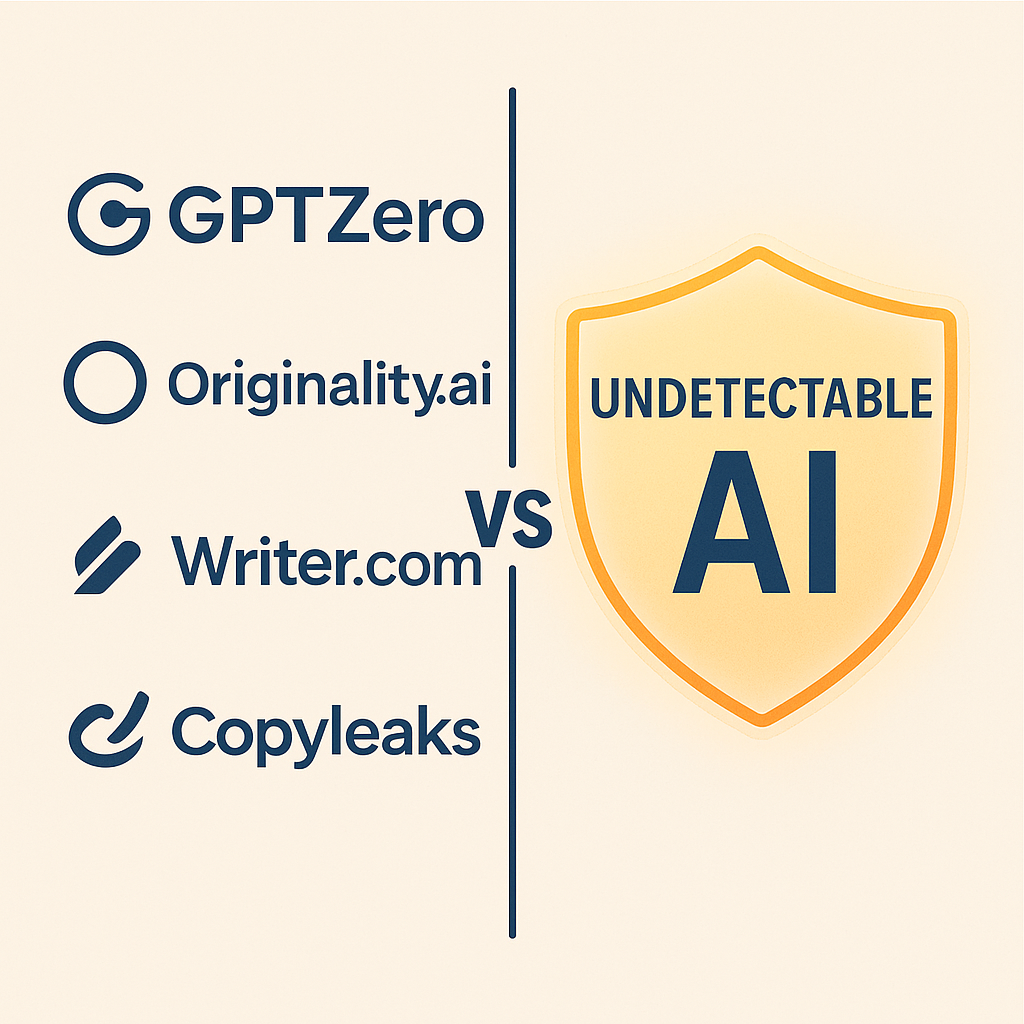 ChatGPT Image Aug 29, 2025, 11_25_41 AM ineup of logos/icons for GPTZero, Originality.ai, Writer.com, Copyleaks facing off against a glowing “Undetectable AI” shield