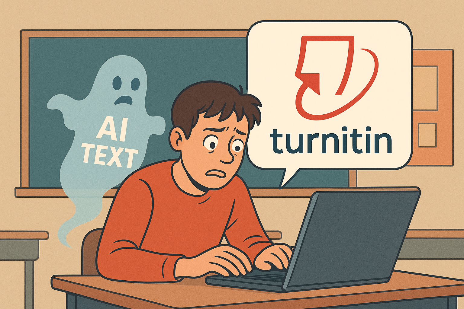 classroom scene — nervous student typing on laptop with ghostly “AI text” floating behind them, while a giant Turnitin logo hovers over the screen like a watchful eye
